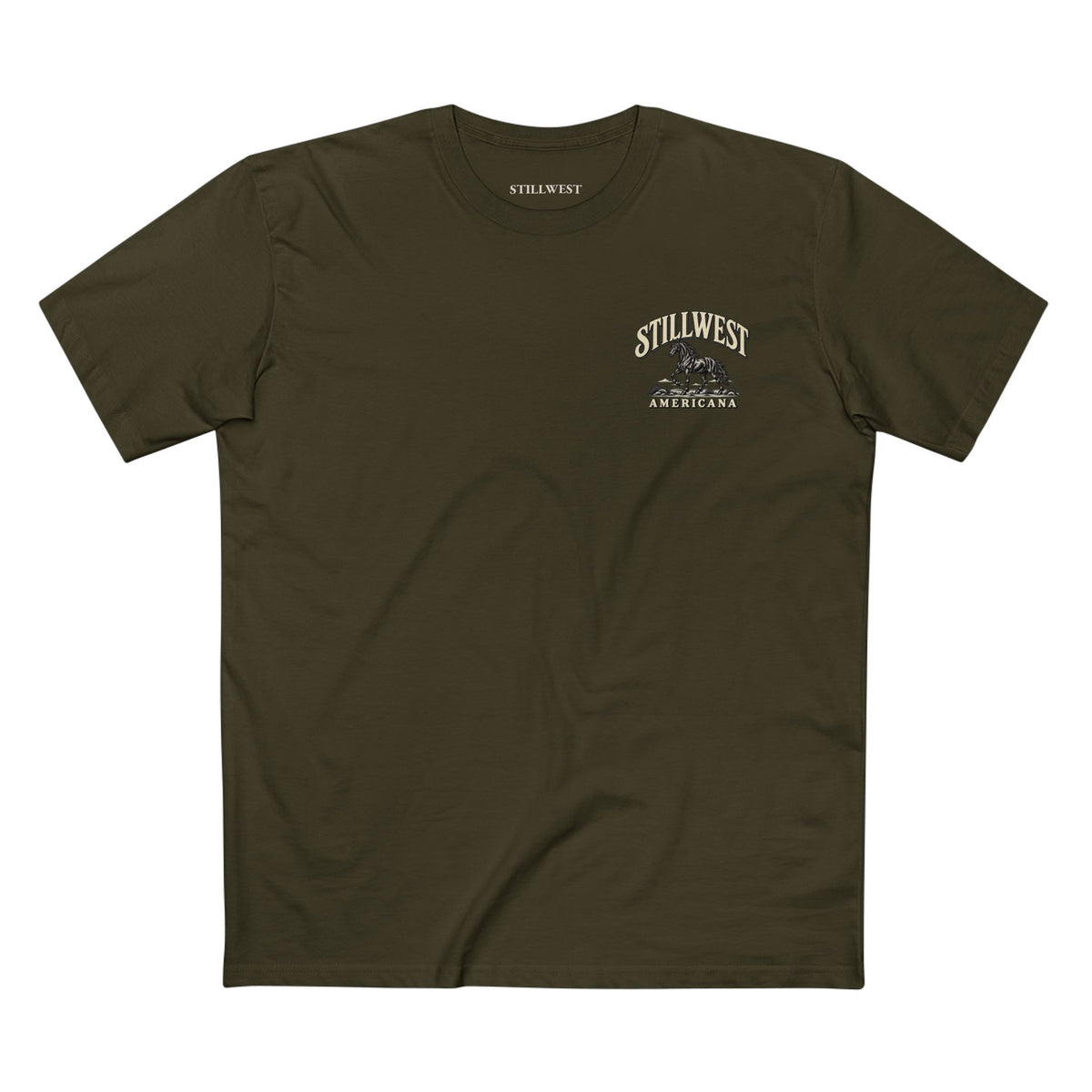 An olive green short-sleeve t-shirt with a small chest graphic that reads 'STILLWEST AMERICA' with a Mustang Horse illustration, shown flat against a white background.