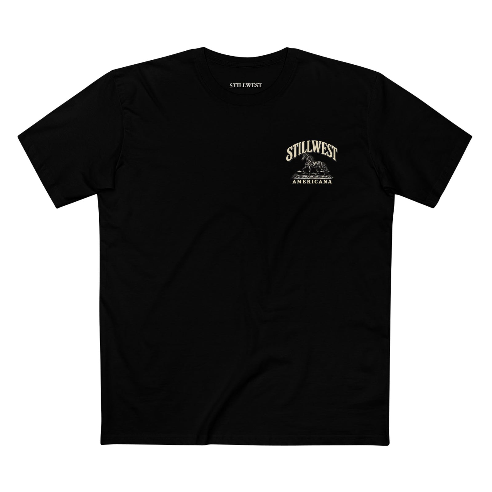 A black short-sleeve crewneck t-shirt with a vintage-style 'StillWest Americana' graphic printed on the left chest, displayed flat against a solid white background.