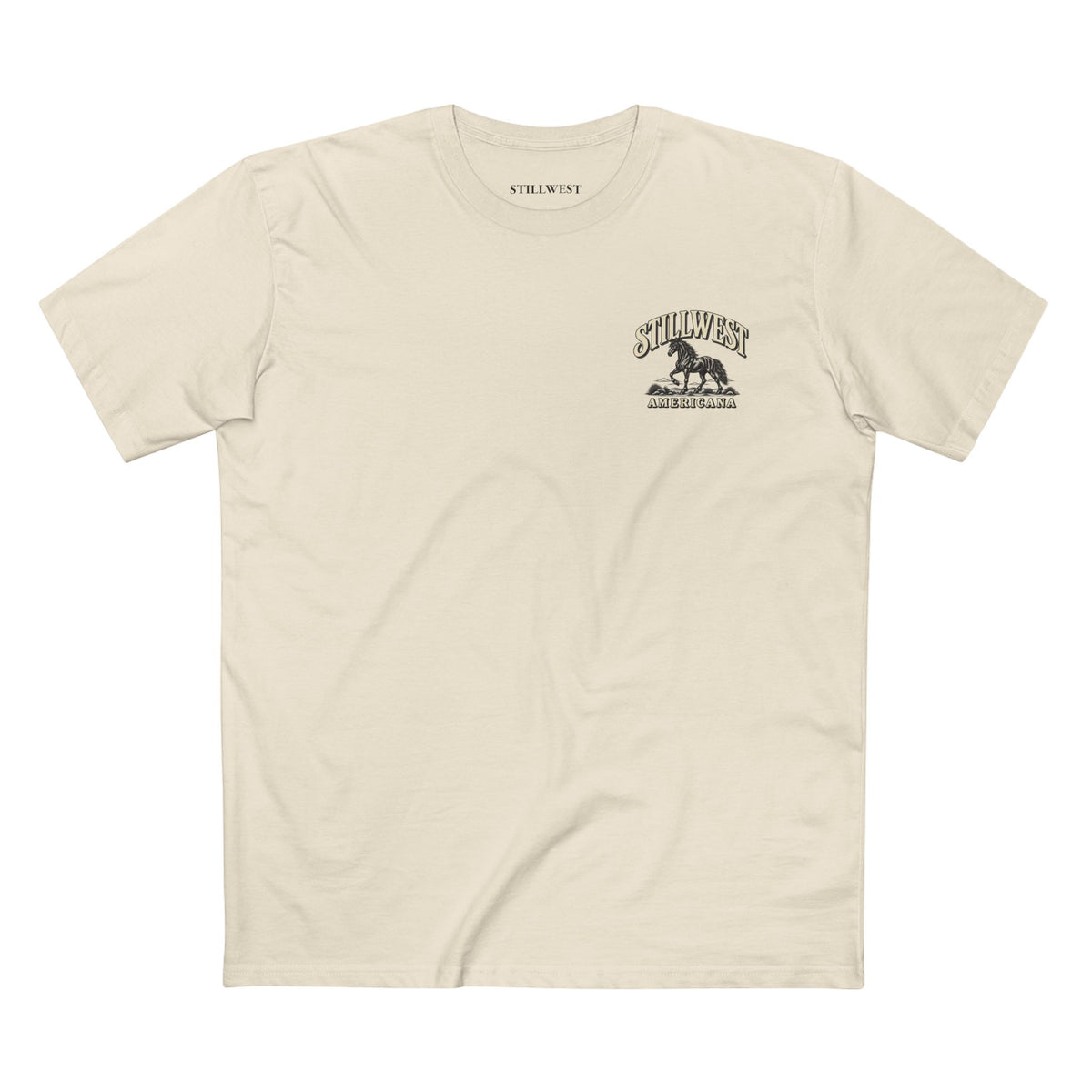 Natural color t shirt with the words STILLWEST AMERICANA and a Mustang Horse on it.