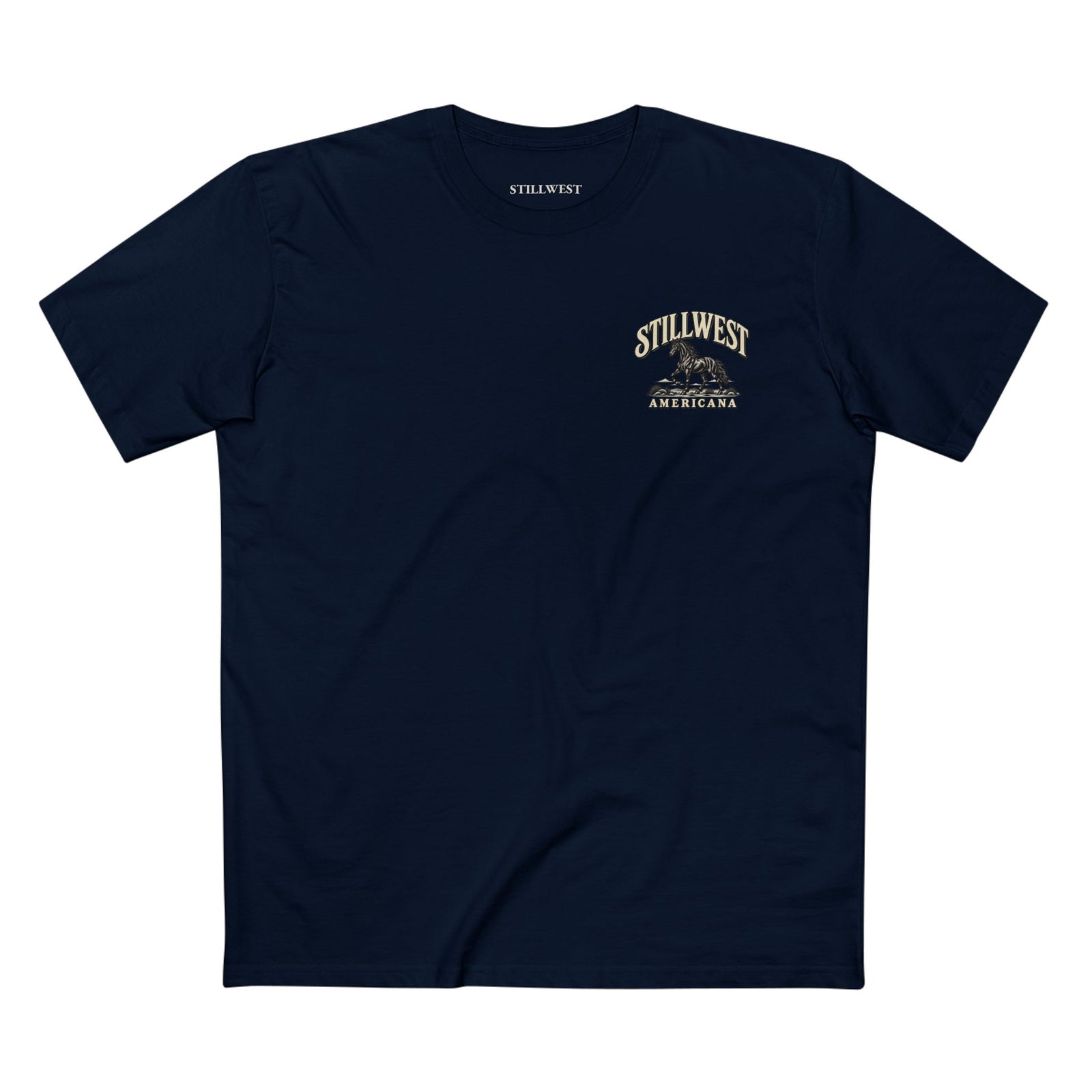 A navy blue short-sleeve crewneck t-shirt with a vintage-style 'StillWest Americana' graphic printed in gold on the left chest, displayed flat against a solid white background.