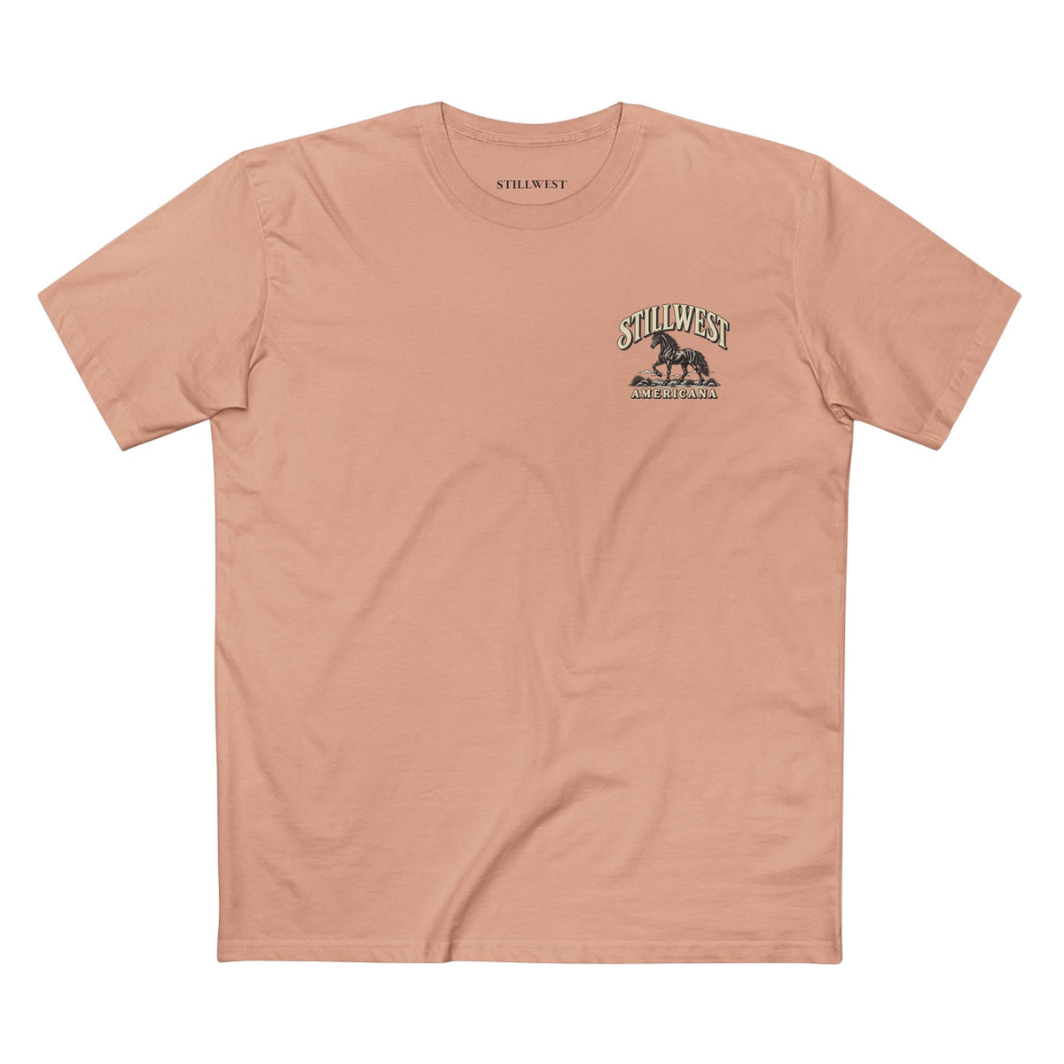 A peach-colored crewneck t-shirt with the words STILLWEST AMERICANA and a MUSTANG Horse on it.