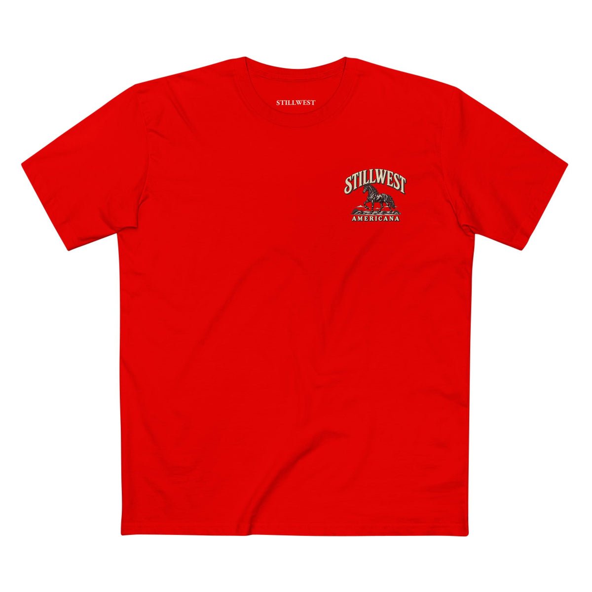 Red T-shirt with the words STILLWEST AMERICANA and a Mustang Horse on it.