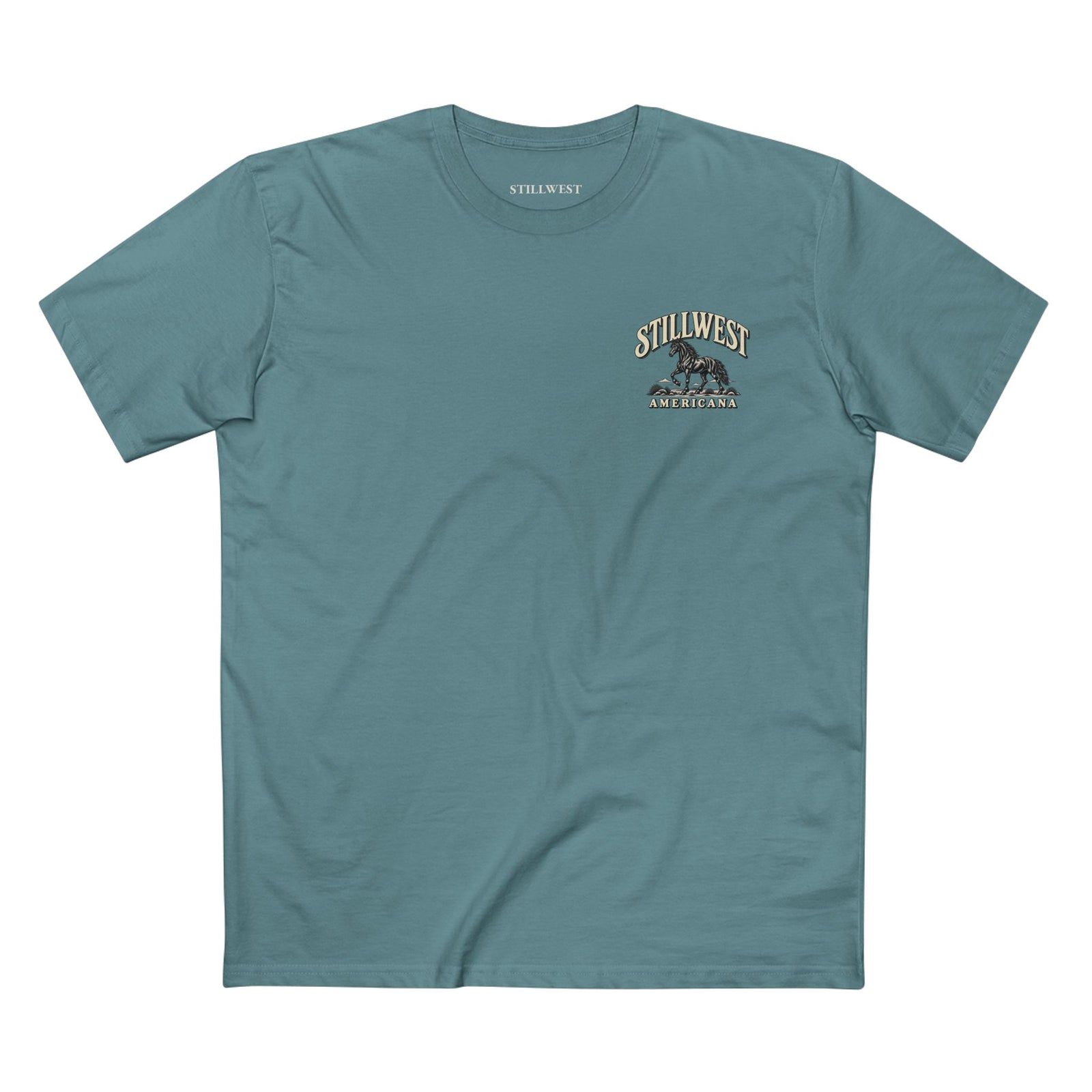 A teal blue short-sleeve t-shirt with a small graphic on the left chest featuring the words 'STILLWEST' and 'AMERICANA' with an illustration of a Mustang horse.