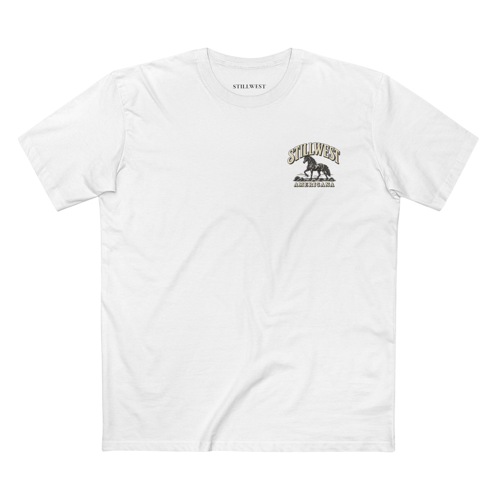 White t-shirt with the words STILLWEST AMERICANA on it and a Mustang Horse.