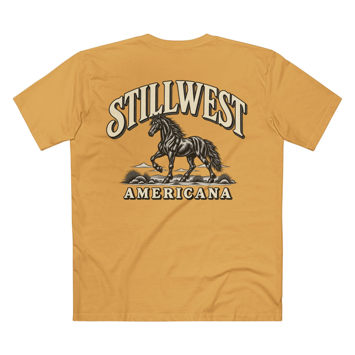 A mustard yellow t-shirt showing the back graphic with the words 'STILLWEST AMERICANA' and a black and white Mustang horse illustration, displayed on a solid white background.