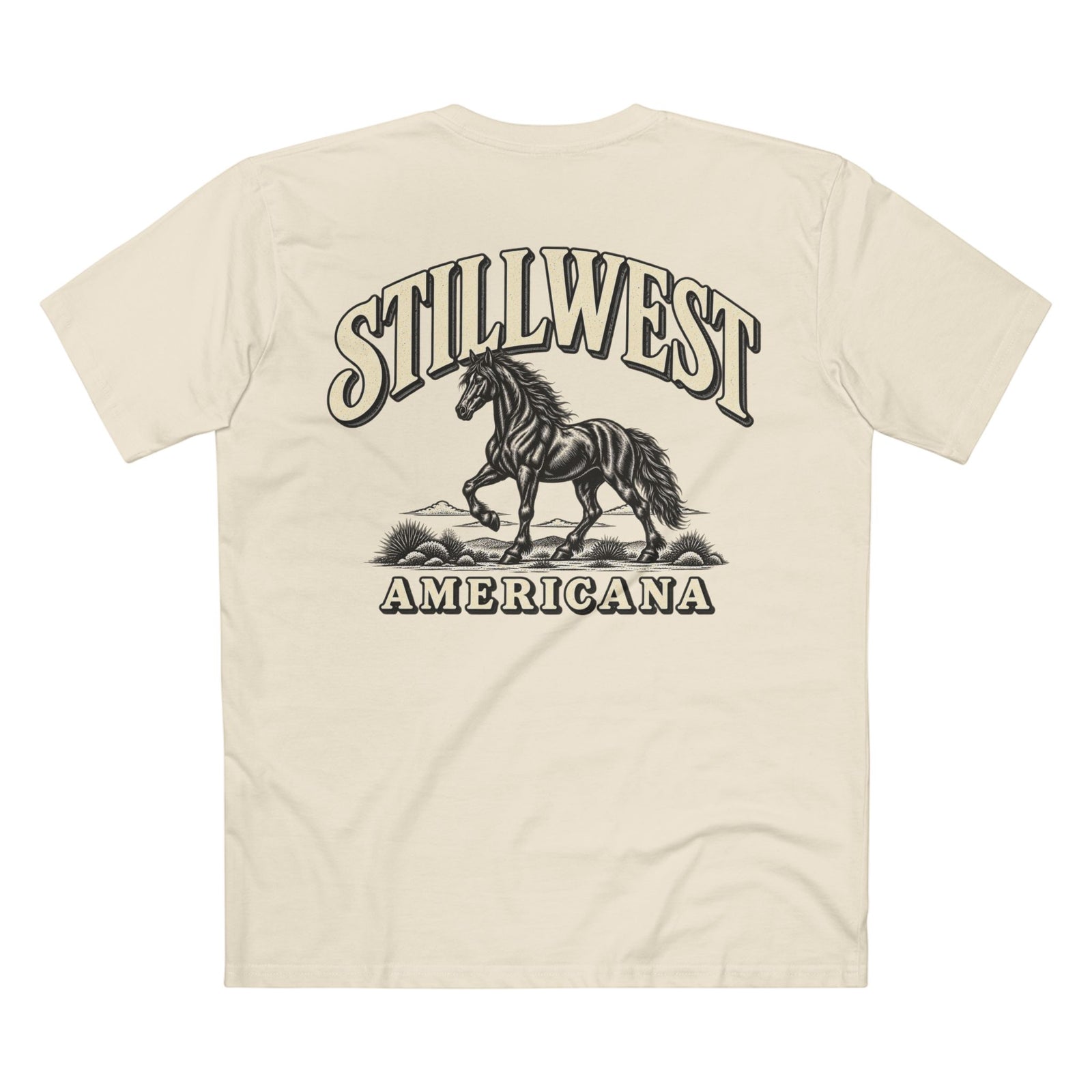 A cream-colored short-sleeve t-shirt showing the back, which features a large graphic print of a Mustang horse with the text 'STILLWEST AMERICANA' in a western-style font.
