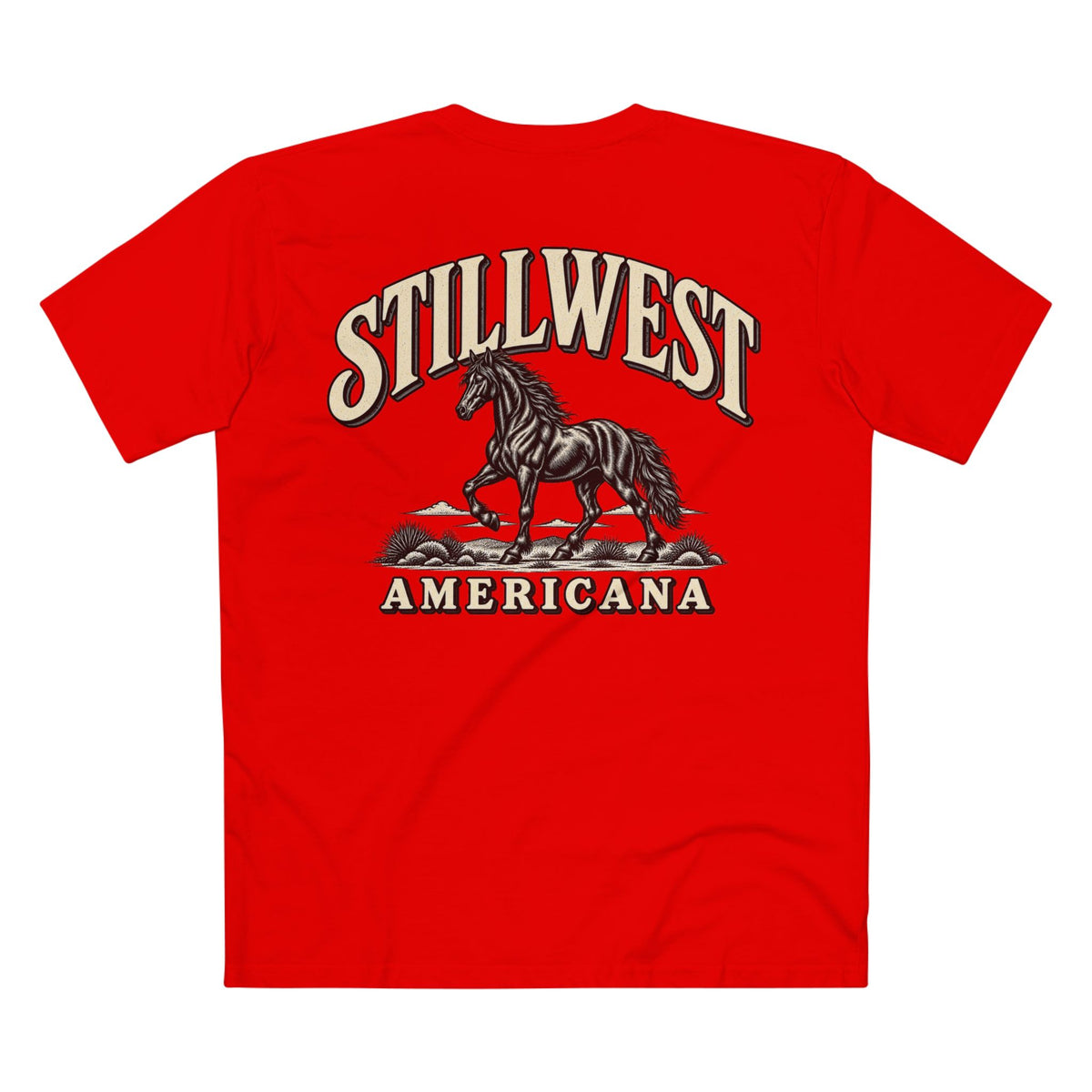 A bright red short-sleeve t-shirt with a graphic print on the front featuring the words 'STILLWEST AMERICANA' and a black-and-white Mustang horse.