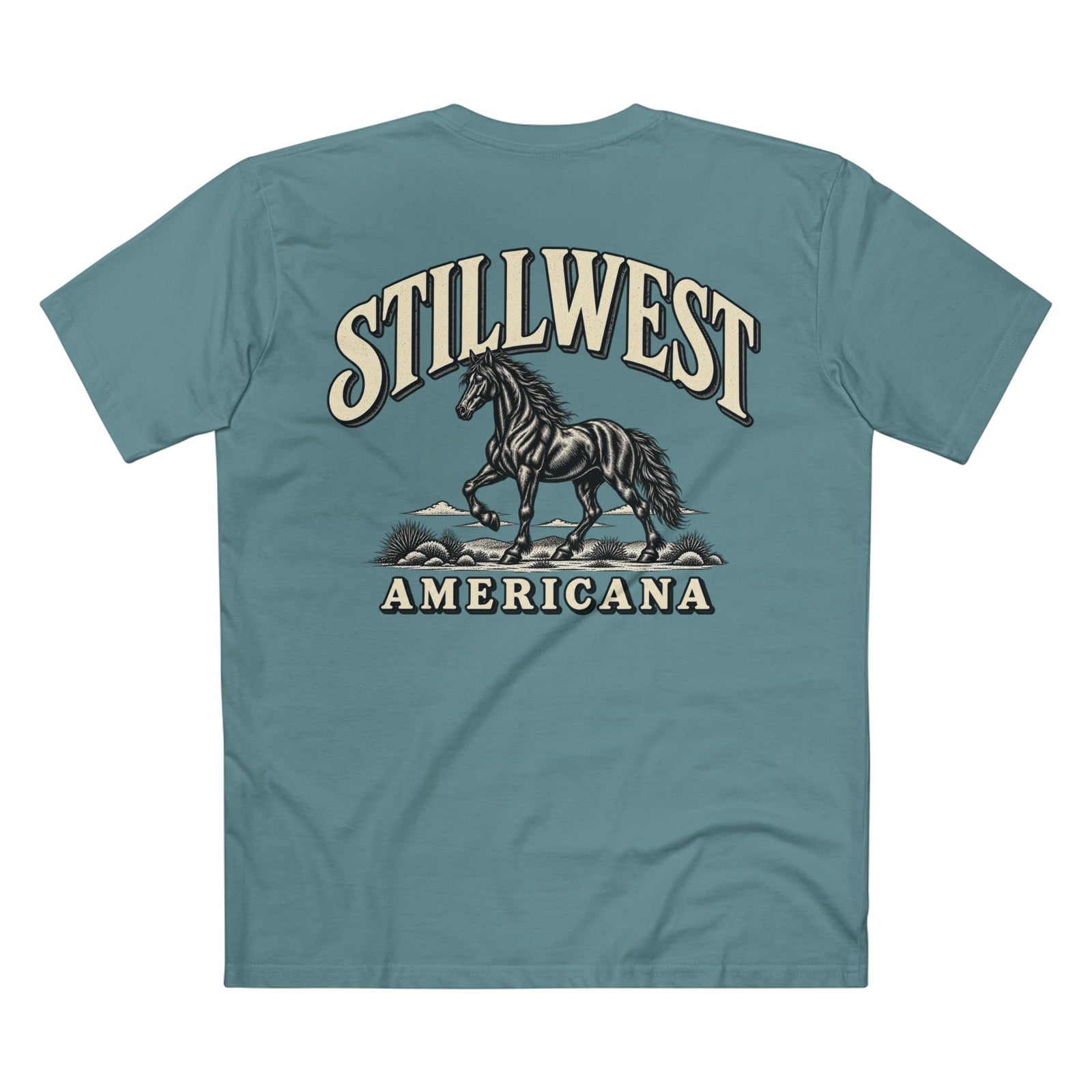 A teal blue short-sleeve t-shirt shown from the back, featuring a large graphic print of a black horse with the text 'STILLWEST AMERICANA' in cream and dark gray.