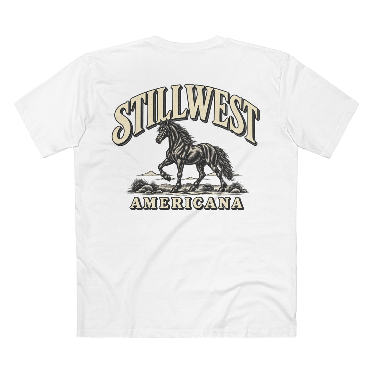 White short-sleeve t-shirt showing the back graphic with the words 'STILLWEST AMERICANA' and a black-and-cream horse illustration.