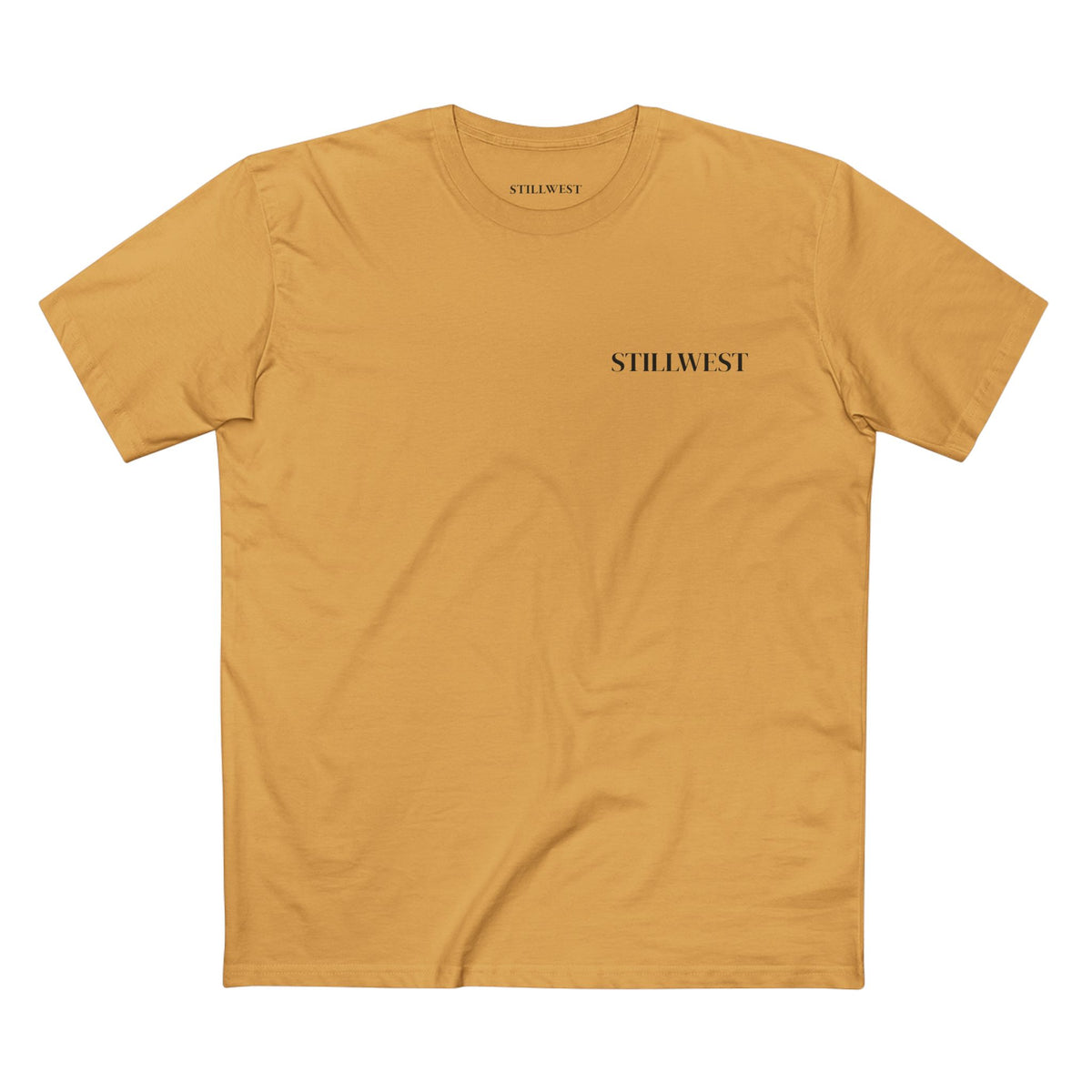 A mustard yellow short-sleeve crewneck t-shirt with the brand name 'STILLWEST' printed in black serif font on the left chest, displayed flat against a solid white background.