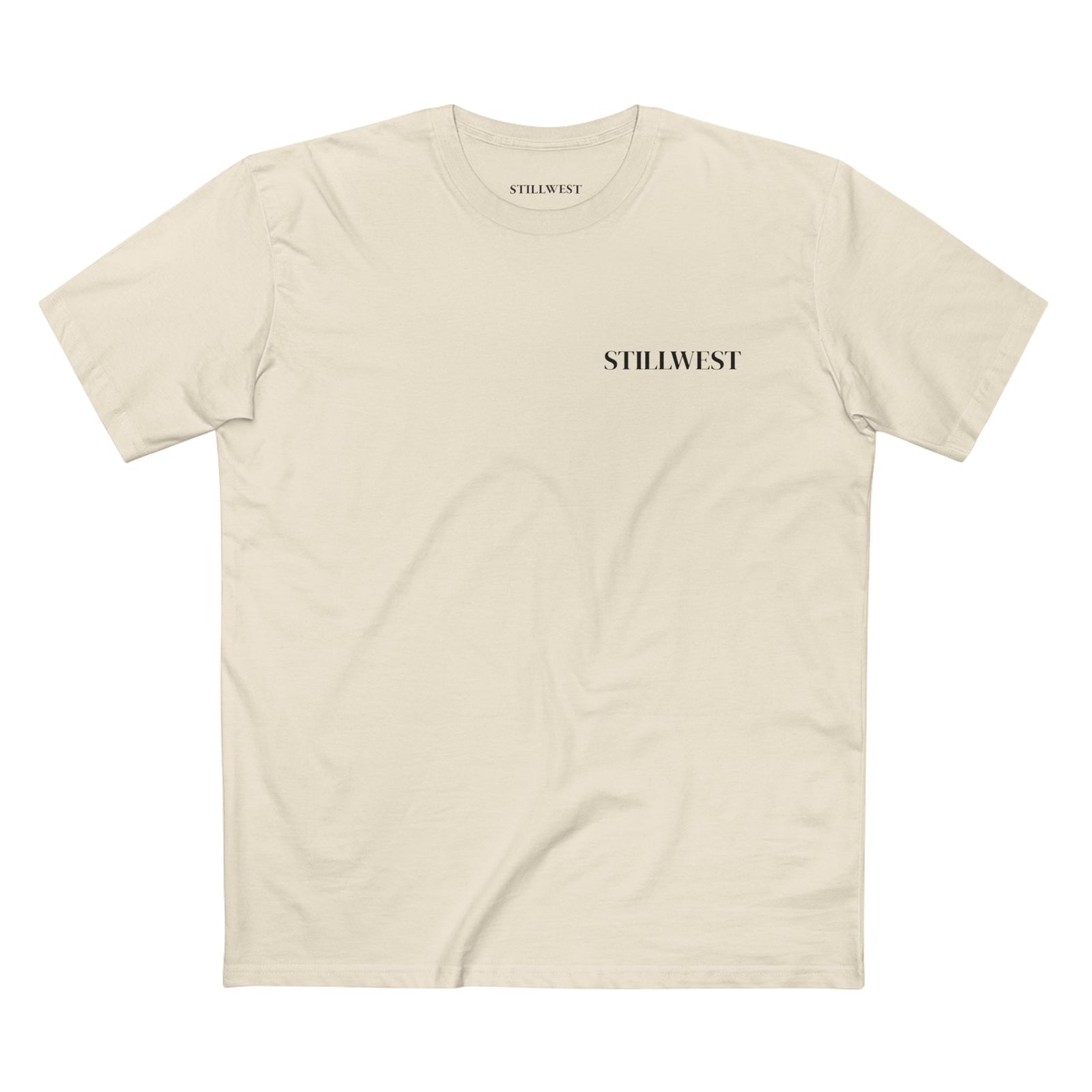 A cream-colored short-sleeve crewneck t-shirt with the brand name 'STILLWEST' printed in black serif font on the left chest, displayed flat against a solid white background.