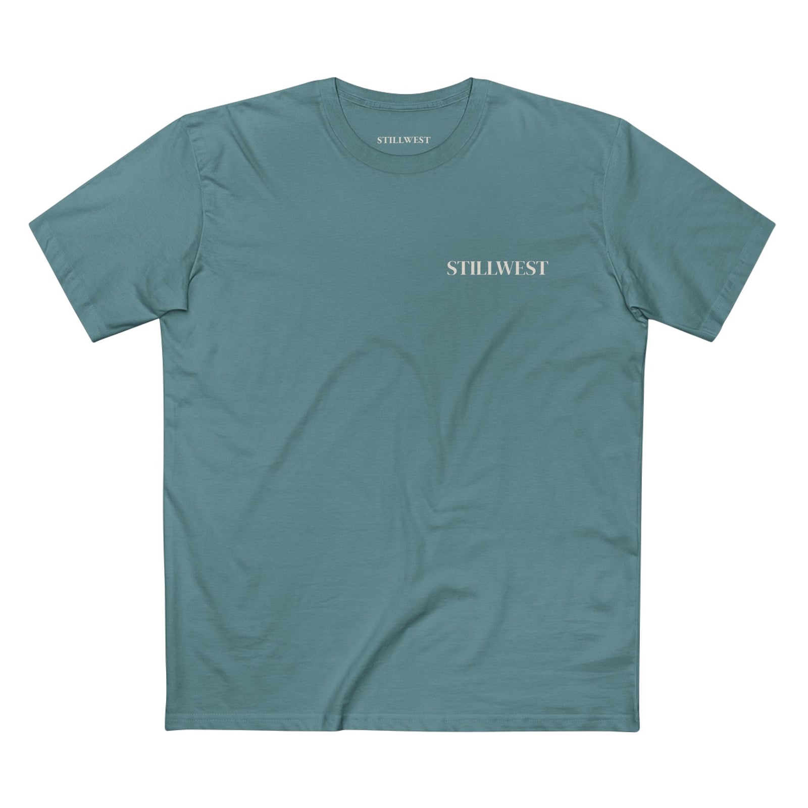 Teal t shirt with the word STILLWEST on the front.