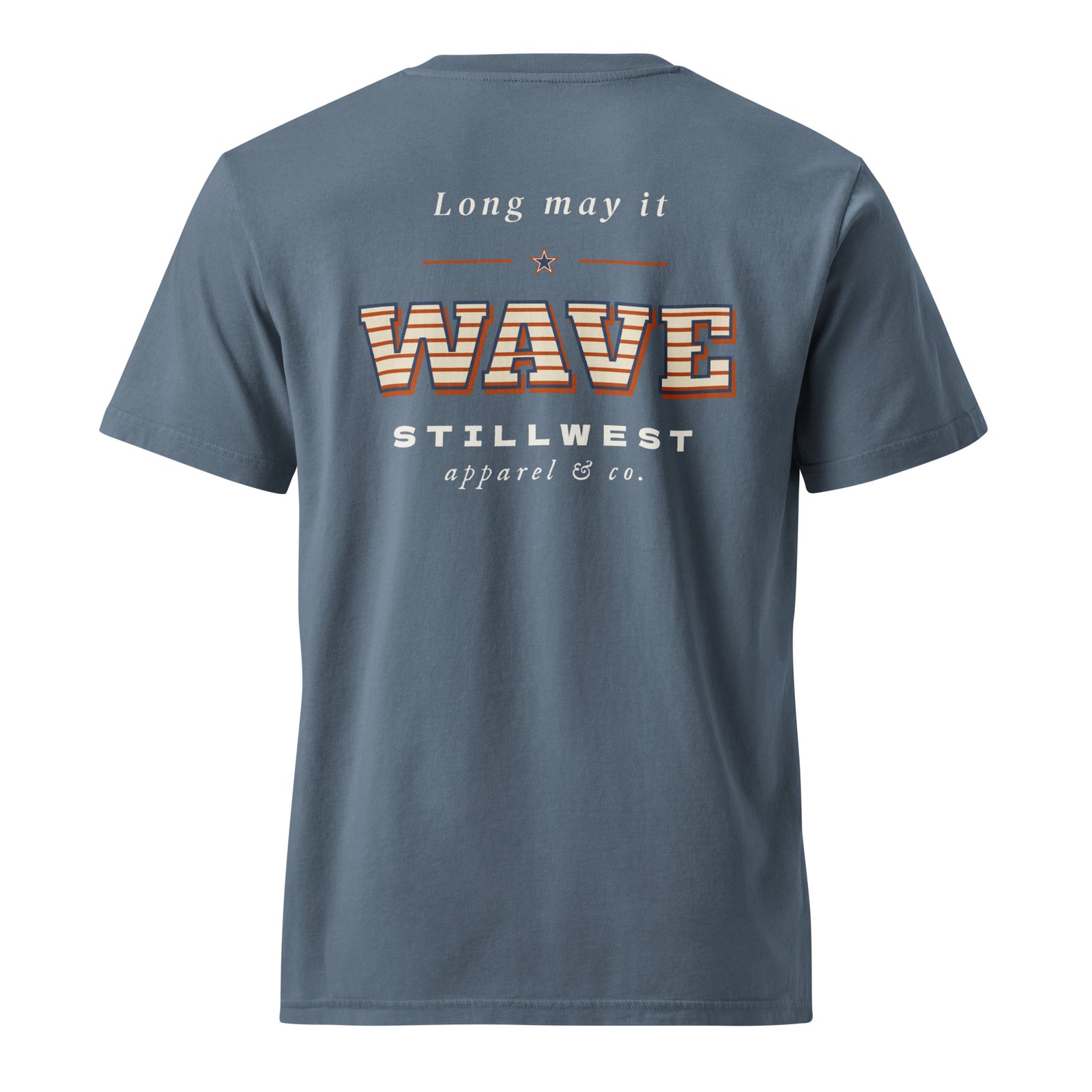 Blue t-shirt with text on the back on a white background
