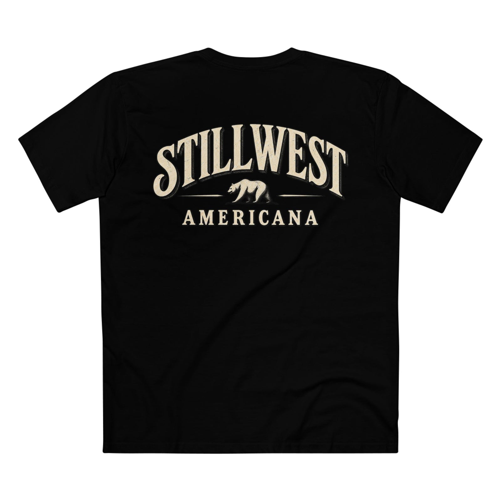 A black short-sleeve t-shirt shown from the back, featuring a distressed cream-colored graphic print that reads 'STILLWEST AMERICANA' with a grizzly bear silhouette in the center, set against a plain white background.