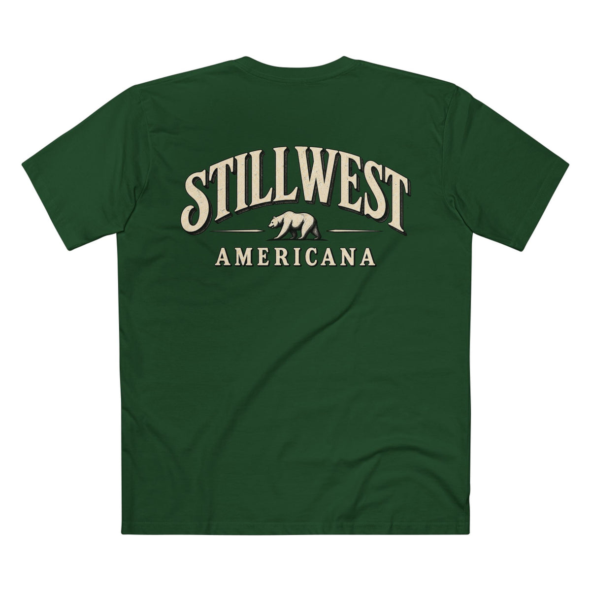 A dark green short-sleeve t-shirt shown from the back, featuring a cream-colored graphic print that reads 'STILLWEST AMERICANA' with a bear silhouette in the center.
