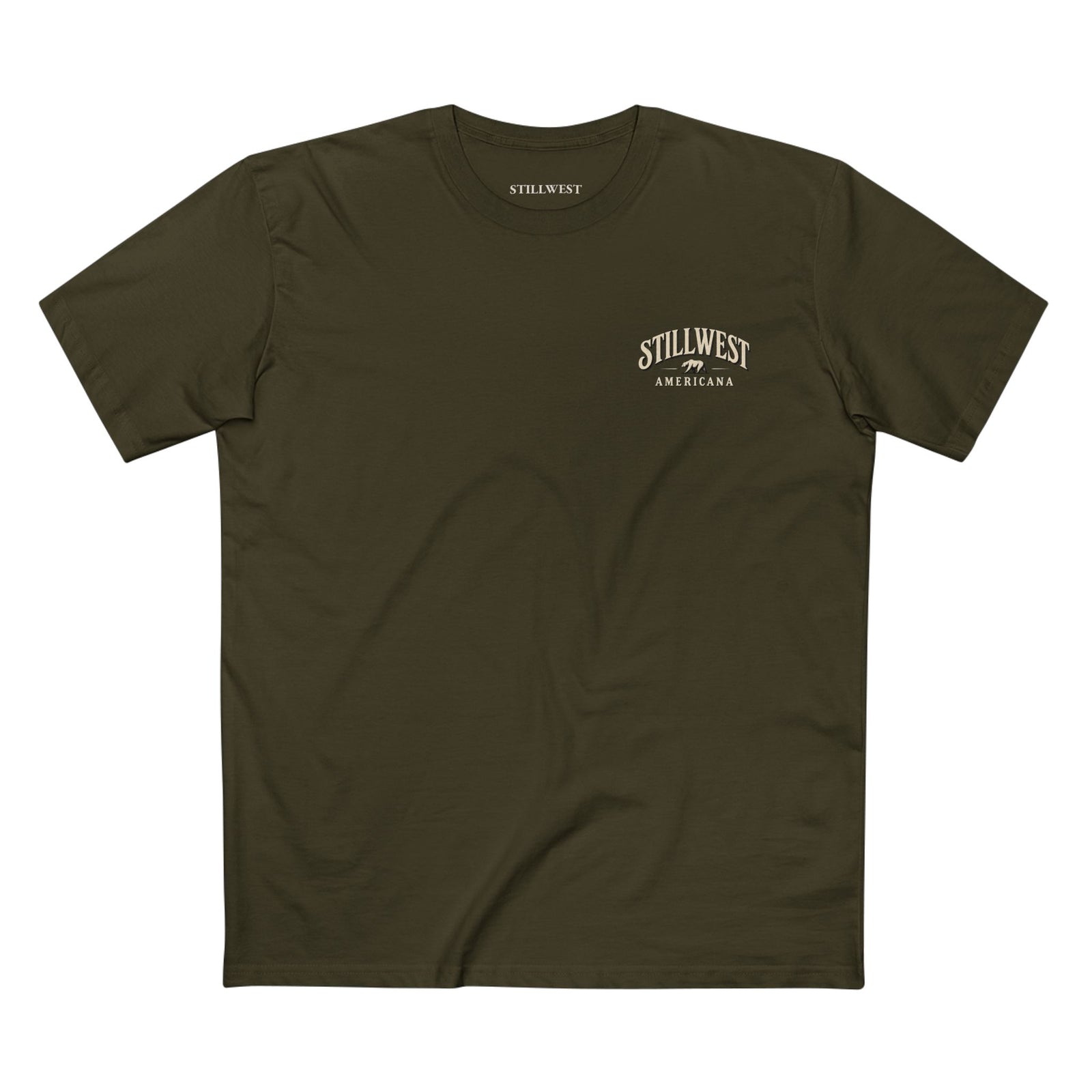An olive green t shirt with the words stillwest americana and a bear illustration on the front.