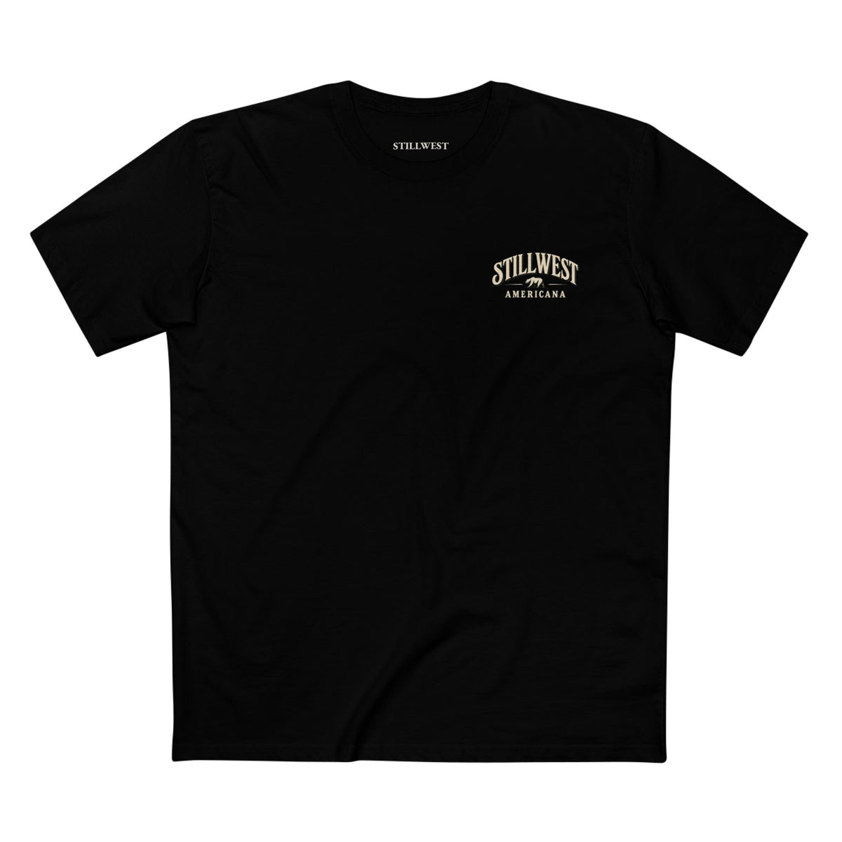 A black t shirt with the words stillwest americana and a bear illustration on the front.