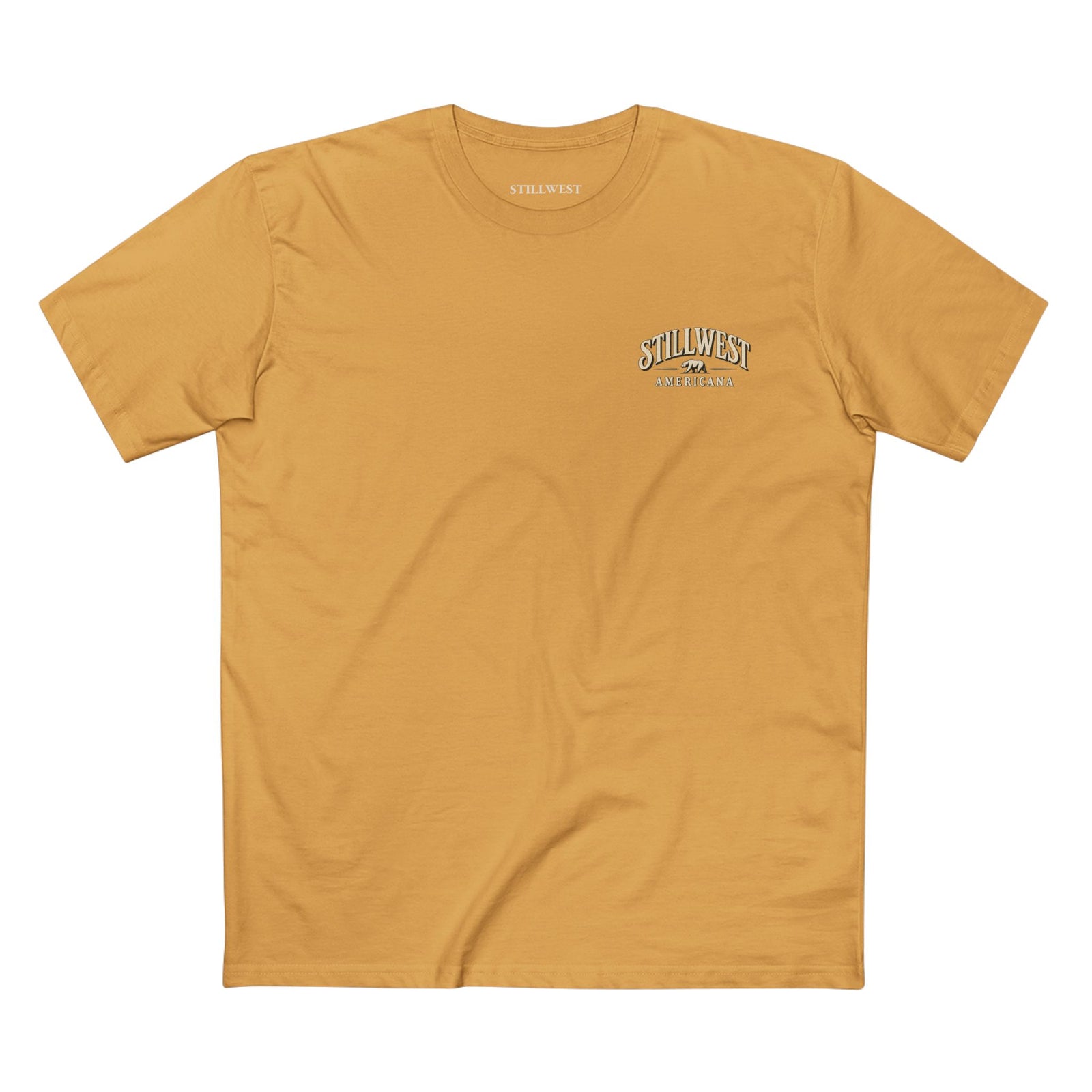 A mustard yellow crewneck t-shirt with a small 'Still West' logo printed on the left chest, displayed flat against a solid white background.