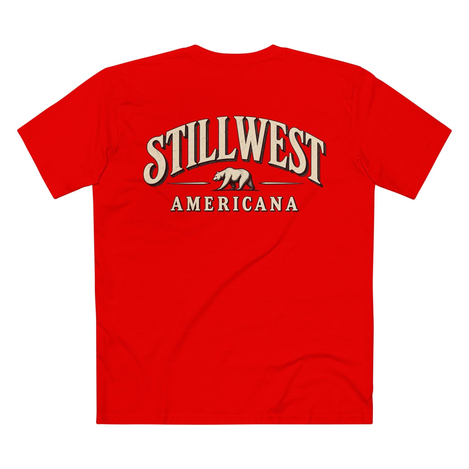 A bright red short-sleeve t-shirt shown from the back, featuring a large graphic print that reads 'STILLWEST AMERICANA' in cream and black with a grizzly bear logo in the center.