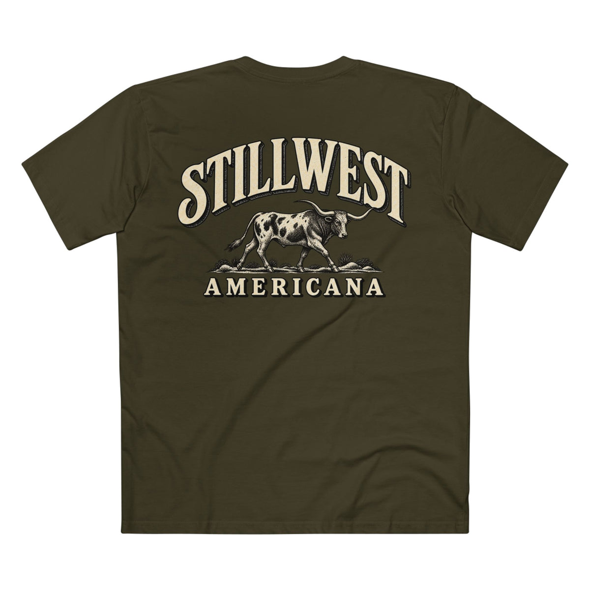 An olive green short-sleeve t-shirt shown from the back, featuring a large graphic print of a longhorn steer and the words 'STILLWEST AMERICANA' in cream-colored lettering.