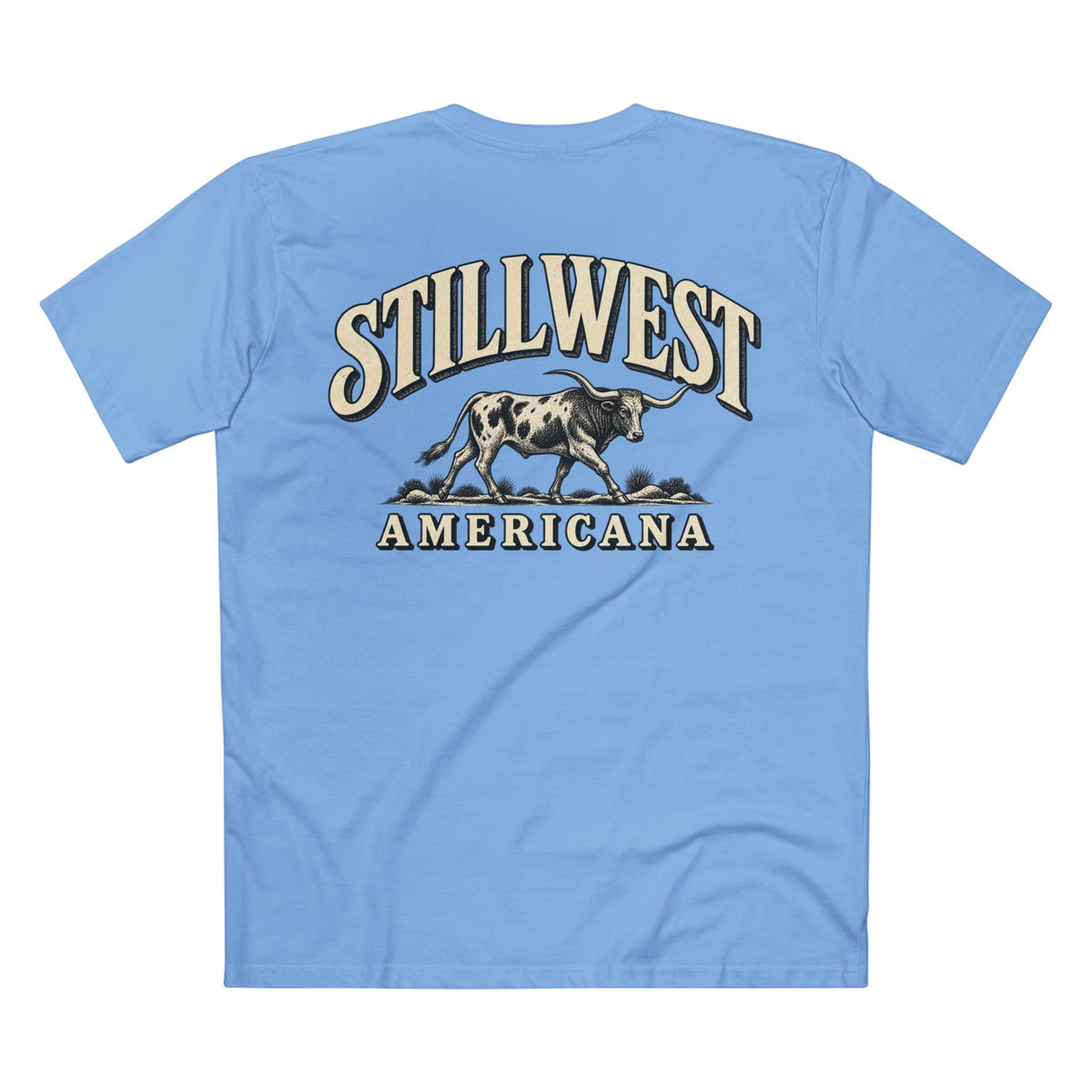 A light blue short-sleeve t-shirt shown from the back, featuring a large graphic print of a steer with the text 'STILLWEST AMERICANA' in a vintage arched font.