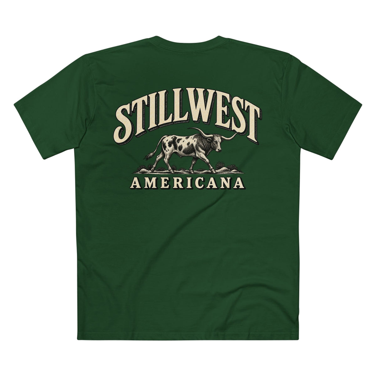 A dark green short-sleeve t-shirt shown from the back, featuring a vintage-style graphic print with the words 'STILLWEST AMERICANA' and an illustration of a longhorn steer.