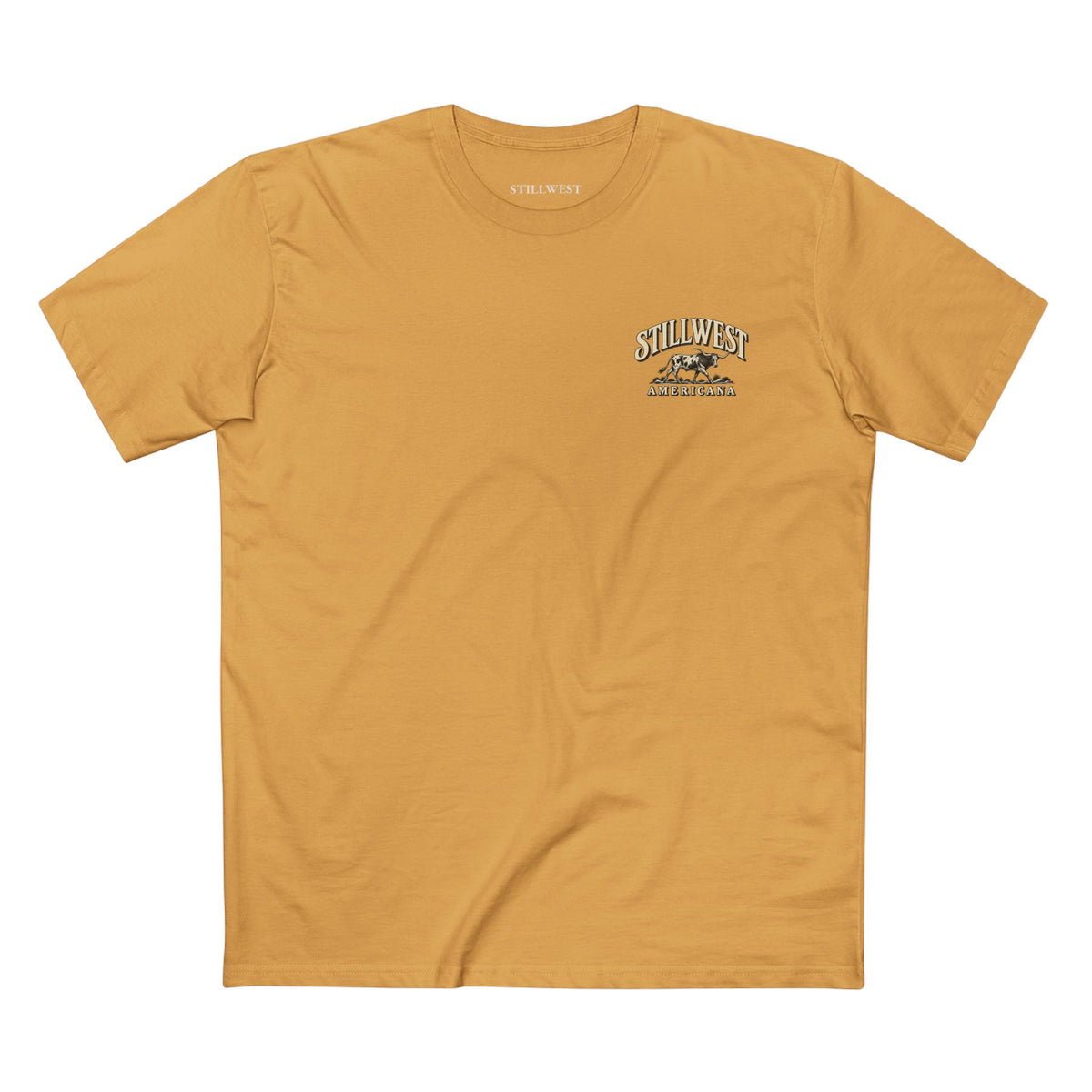A mustard yellow crewneck t-shirt with a small 'Still West' graphic printed on the left chest, displayed flat against a solid white background.