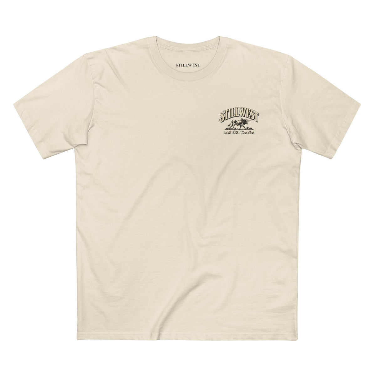 A cream-colored crewneck t-shirt with a small black graphic on the left chest reading 'SILIVESTR ARENAS' with a bull illustration, displayed flat against a white background.