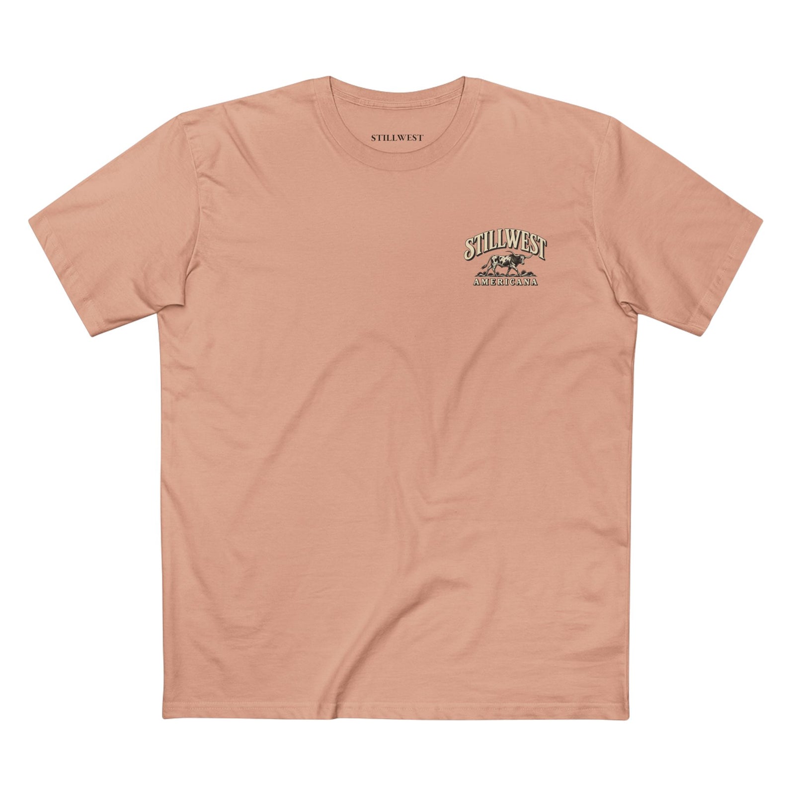 A peach-colored crewneck t-shirt with a small STILLWEST AMERICANA and Steer illustration on the front.