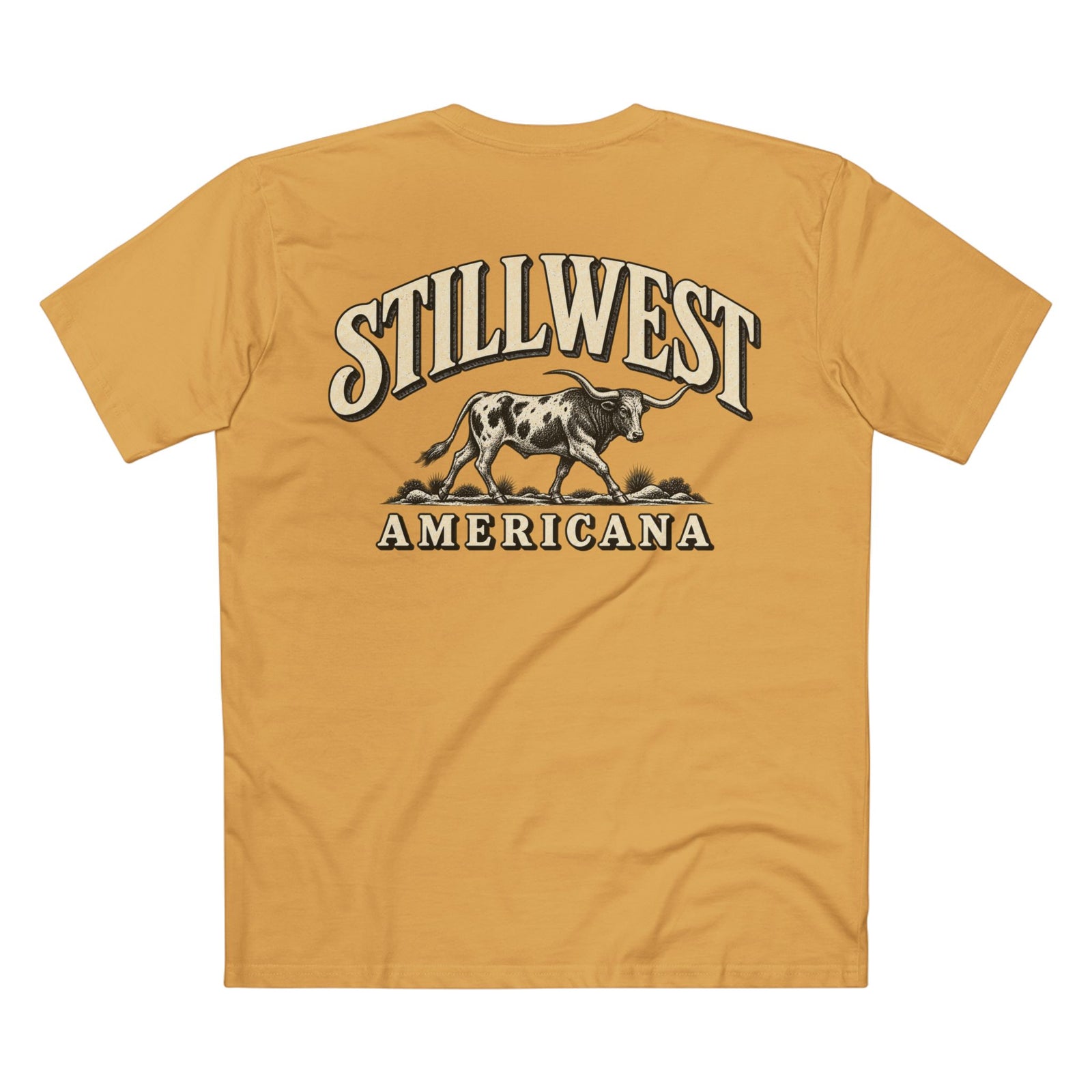 A mustard yellow t-shirt shown from the back, featuring a large graphic print of a steer with the text 'STILLWEST AMERICANA' in a western-style font.
