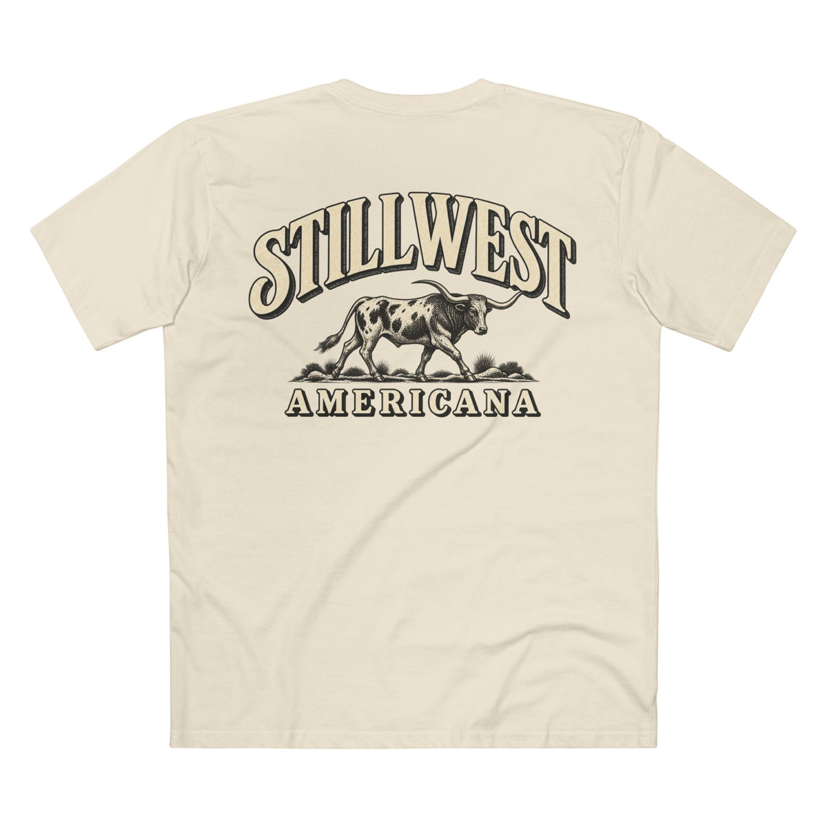 A cream-colored short-sleeve t-shirt shown from the back, featuring a large graphic print of a steer with the text 'STILLWEST AMERICANA' in a western-style font.
