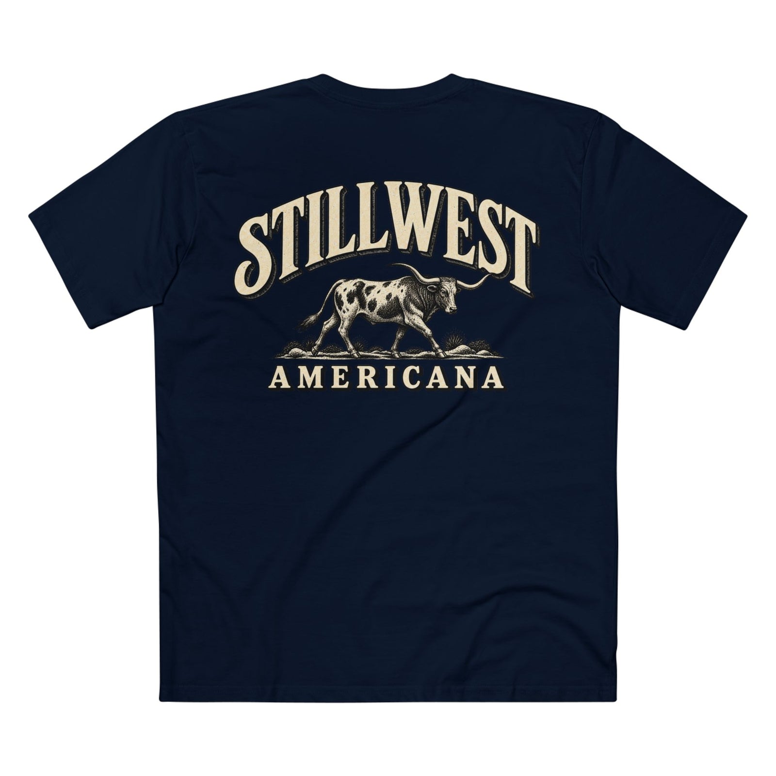 A navy blue short-sleeve t-shirt with a vintage-style graphic on the back featuring the words 'STILLWEST AMERICANA' in cream lettering and an illustration of a steer.