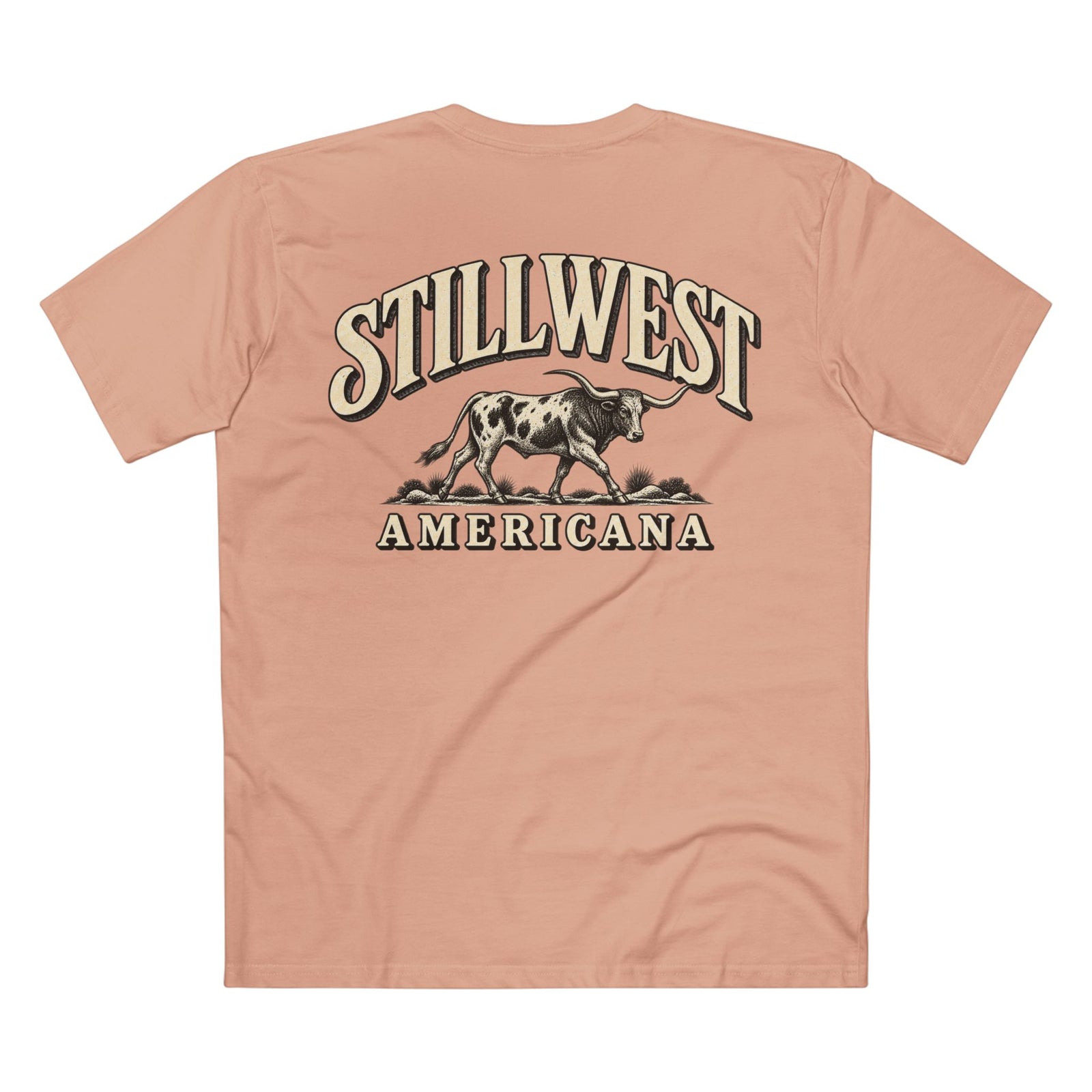 A peach-colored short-sleeve t-shirt shown from the back, featuring a large graphic print of a longhorn steer and the words 'STILLWEST AMERICANA' in a western-style font.