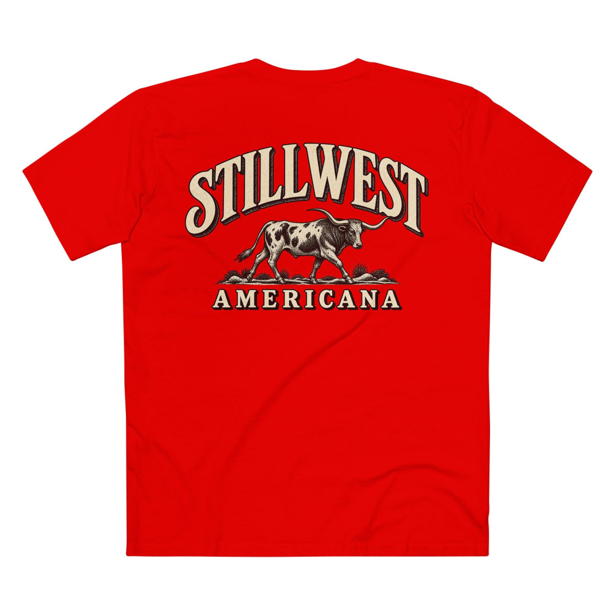 A bright red short-sleeve t-shirt with a graphic on the back featuring the words 'STILLWEST AMERICANA' in cream and black, with a steer illustration in the center.