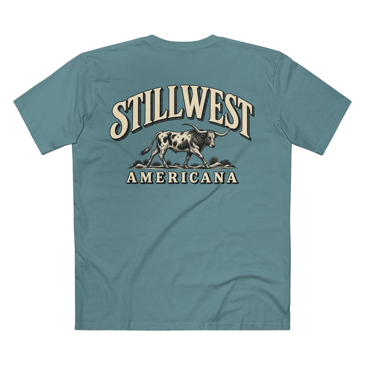 A teal blue short-sleeve t-shirt shown from the back, featuring a vintage-style graphic with the words 'STILLWEST AMERICANA' and a longhorn bull in beige and black.
