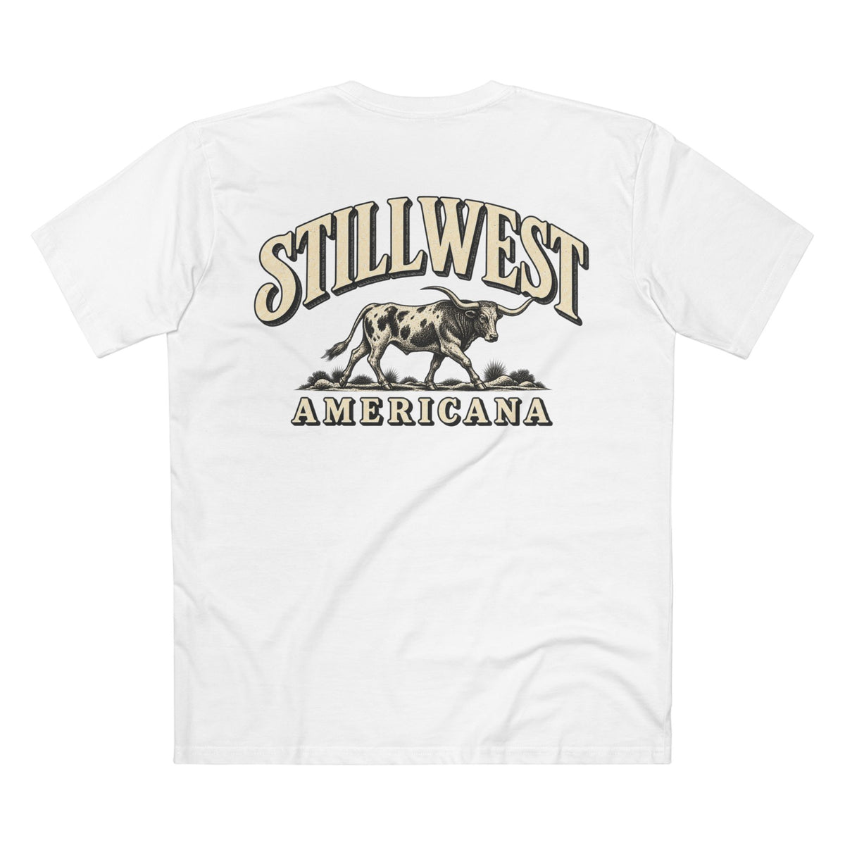 White short-sleeve t-shirt showing the back graphic with the words 'STILLWEST AMERICANA' and a steer illustration, on a plain white background.