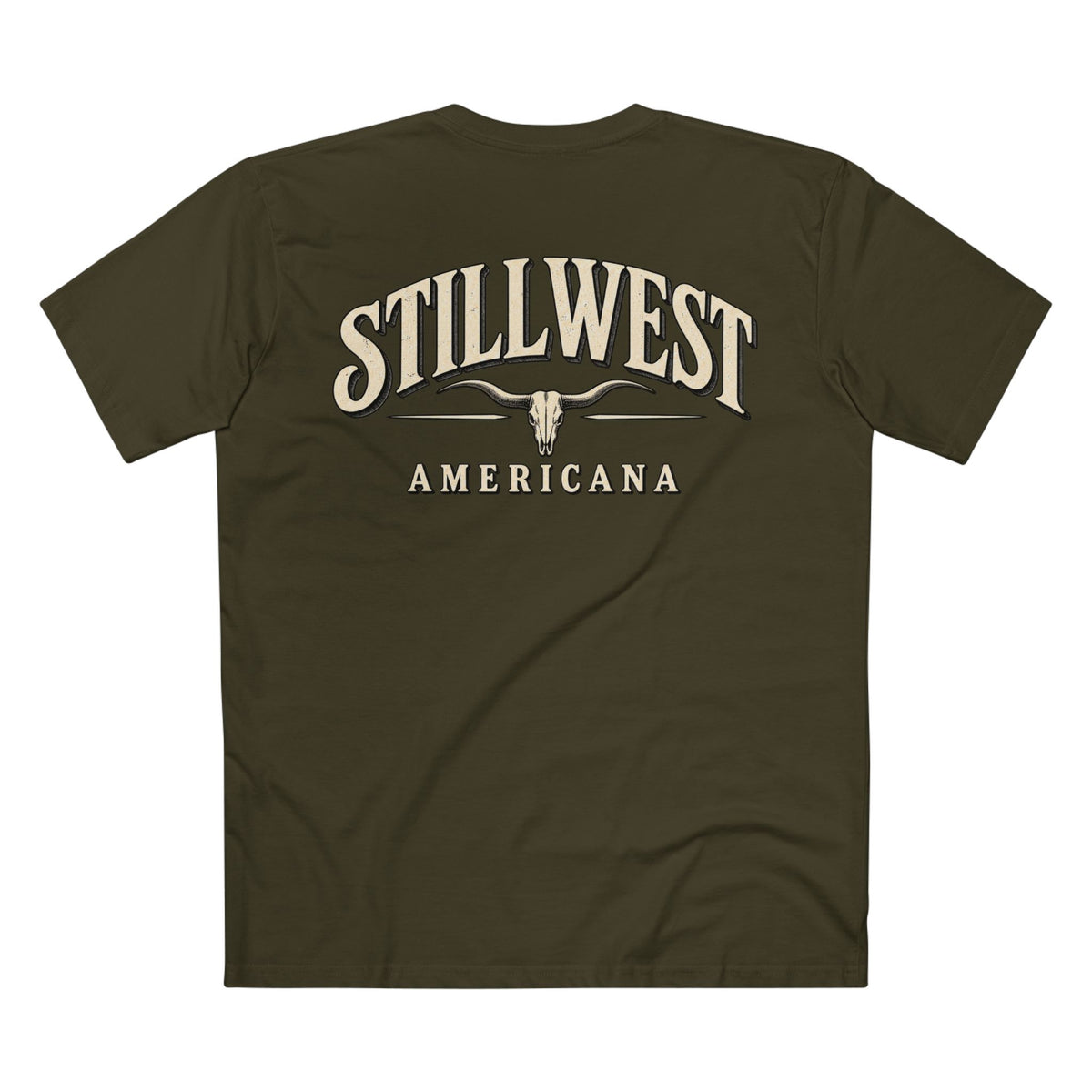 An olive green short-sleeve t-shirt shown from the back, featuring a cream-colored graphic print that reads 'STILLWEST AMERICANA' with a longhorn skull design in the center.