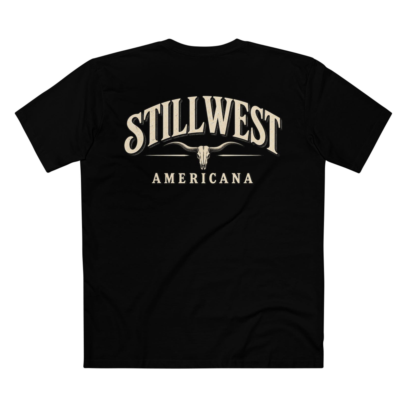 A black short-sleeve t-shirt with a vintage-style cream graphic on the back reading 'STILLWEST AMERICANA' above a longhorn skull design, shown on a plain white background.