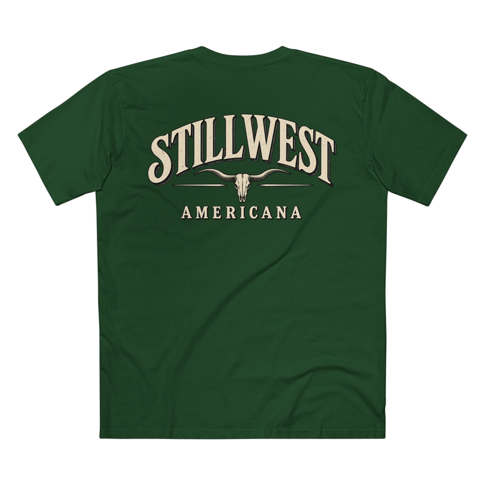 A dark green short-sleeve t-shirt shown from the back, featuring a cream-colored graphic print with the words 'STILLWEST AMERICANA' and a longhorn skull design.