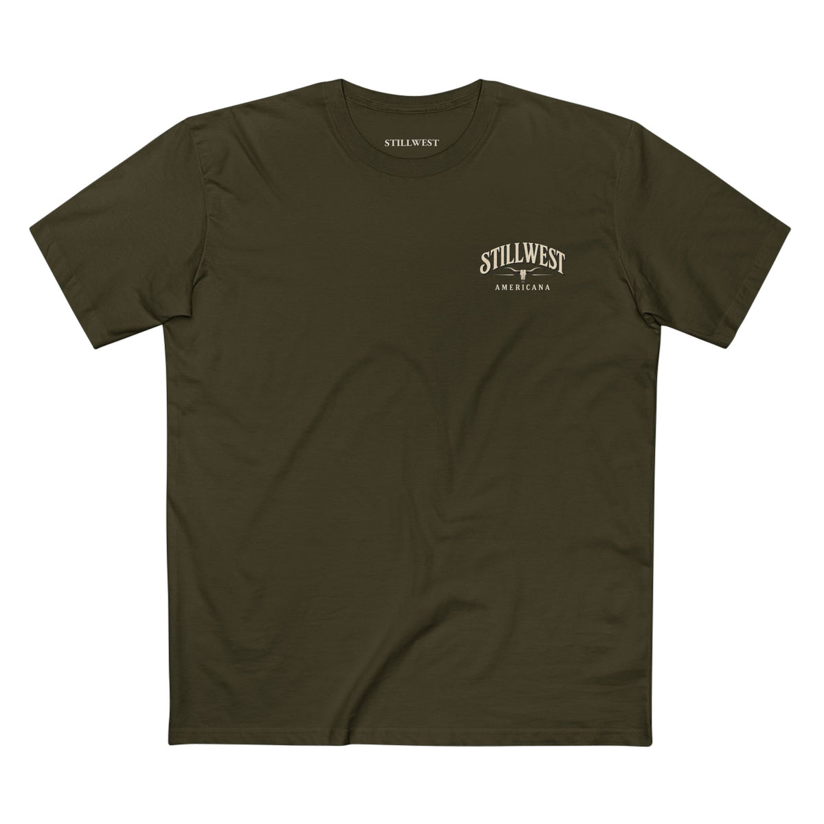 An olive green t shirt with the words stillwest americana and a longhorn skull on the front.