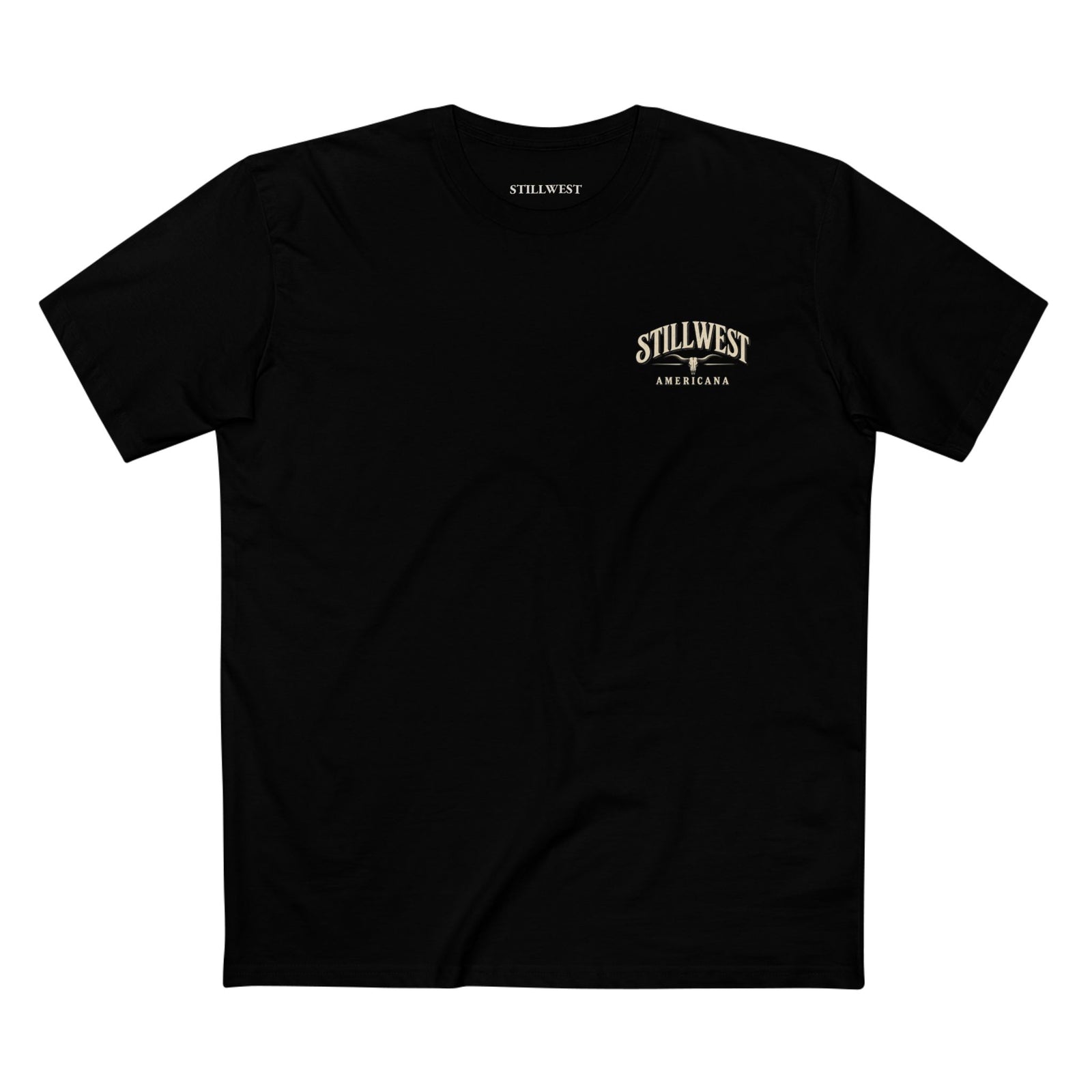 Black t shirt with the words stillwest americana and a longhorn skull on the front.