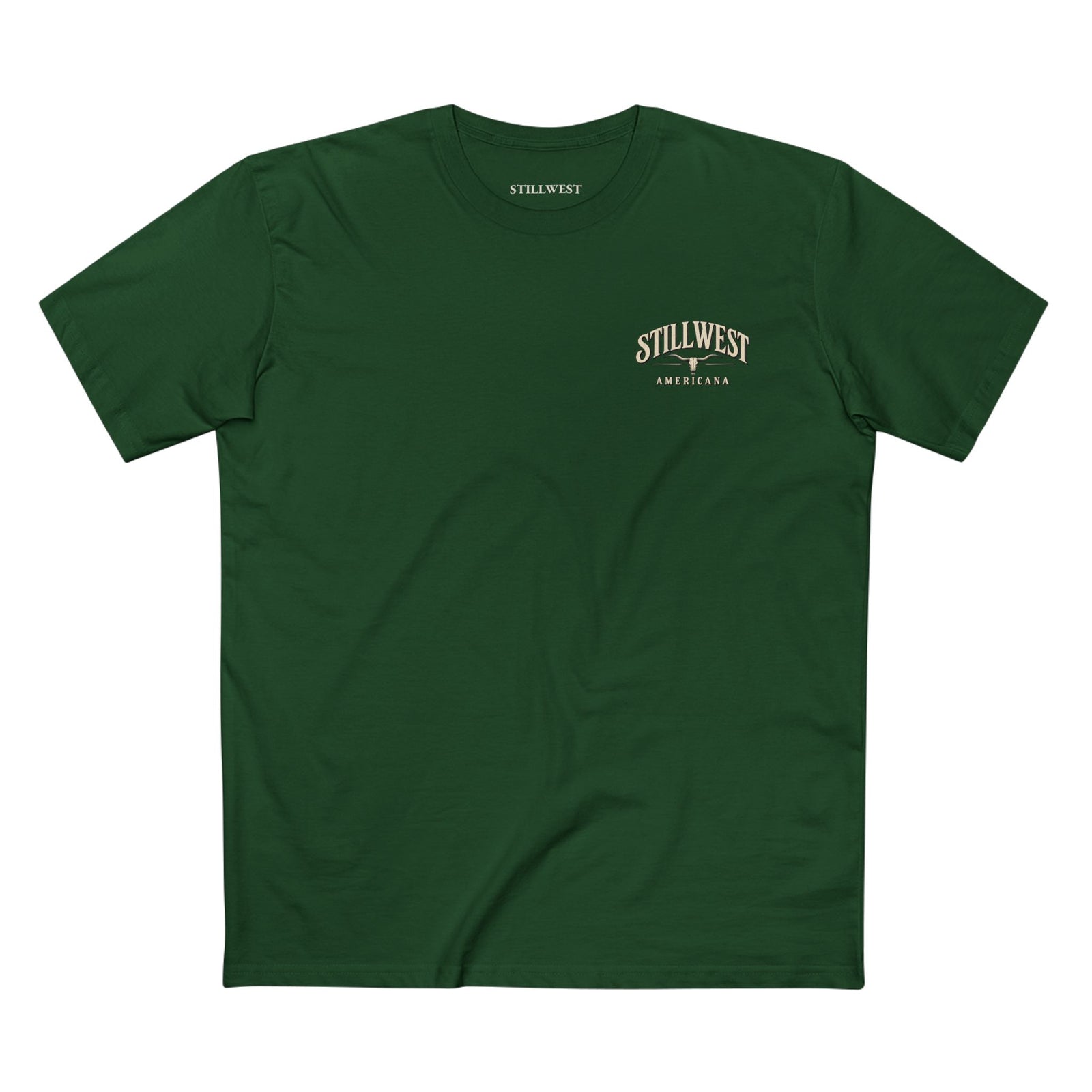 A dark green t shirt with the words Stillwest Americana and a longhorn skull on the front.