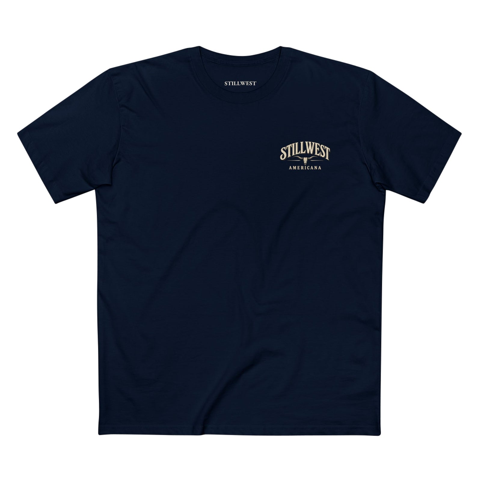 A navy t shirt with the words Stillwest Americana and a longhorn skull on the front.