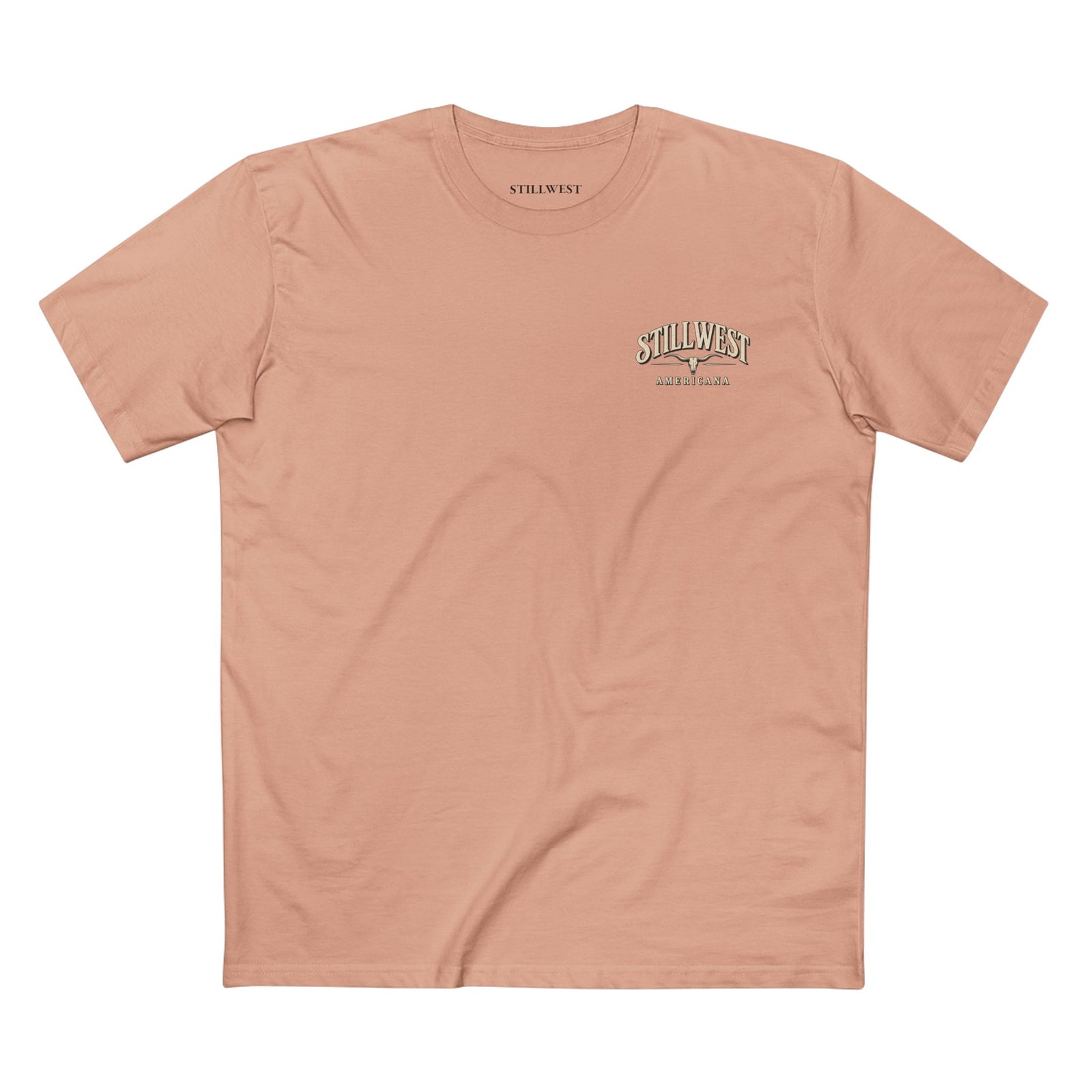 A peach t shirt with the words Stillwest Americana and a longhorn skull on the front.