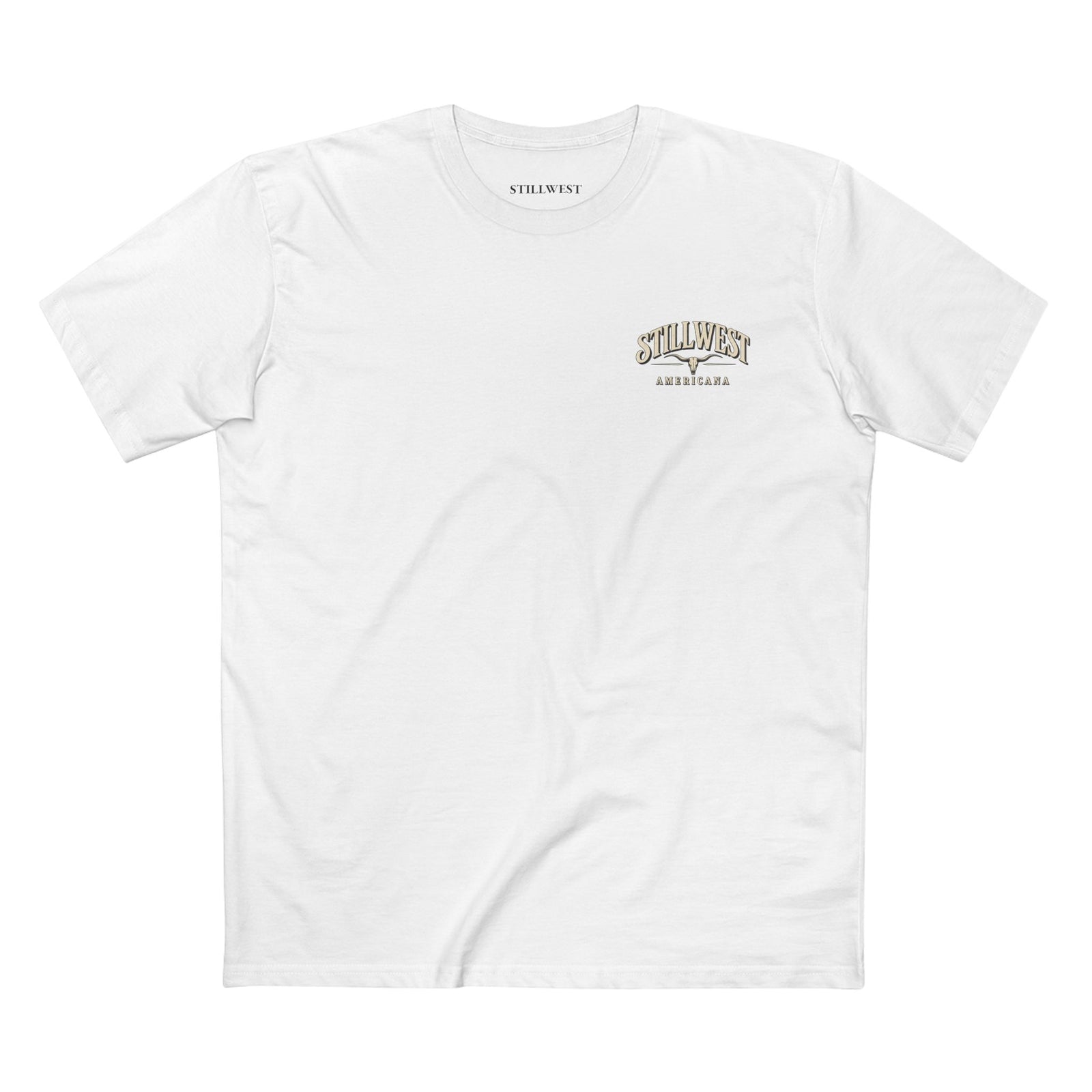 A white t shirt with the words stillwest americana and a longhorn skull on the front.