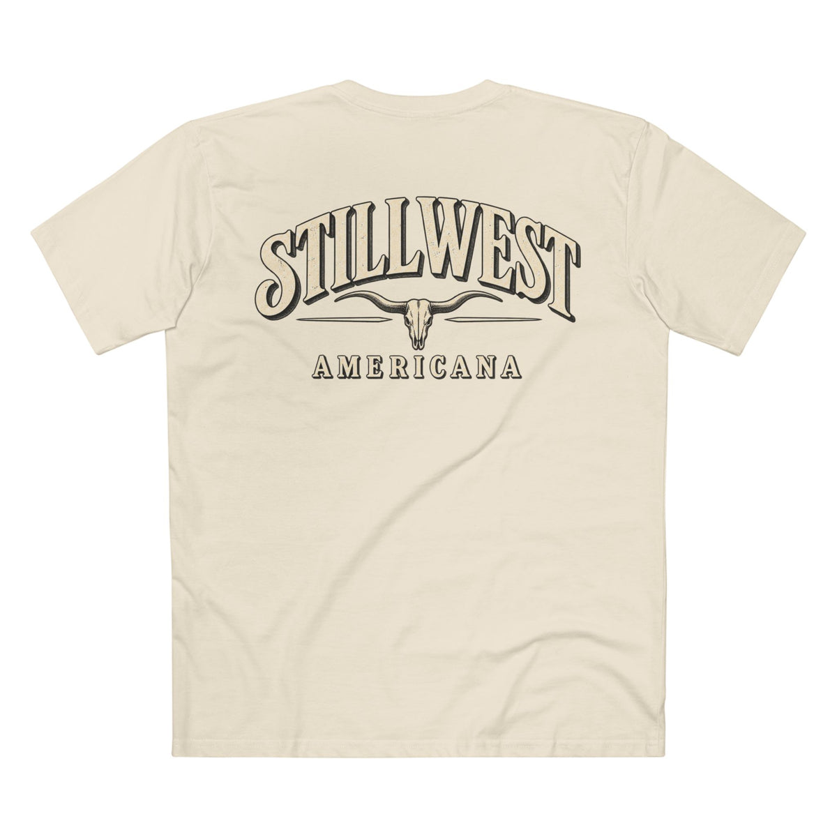 A cream-colored short-sleeve t-shirt shown from the back, featuring a large graphic print with the words 'STILLWEST AMERICANA' and a longhorn skull design.