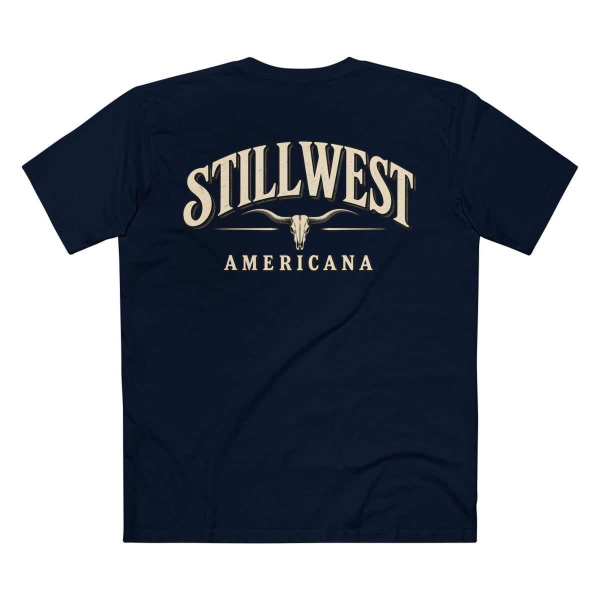 A navy blue short-sleeve t-shirt shown from the back, featuring a cream-colored graphic print that reads 'STILLWEST AMERICANA' with a longhorn skull design in the center.