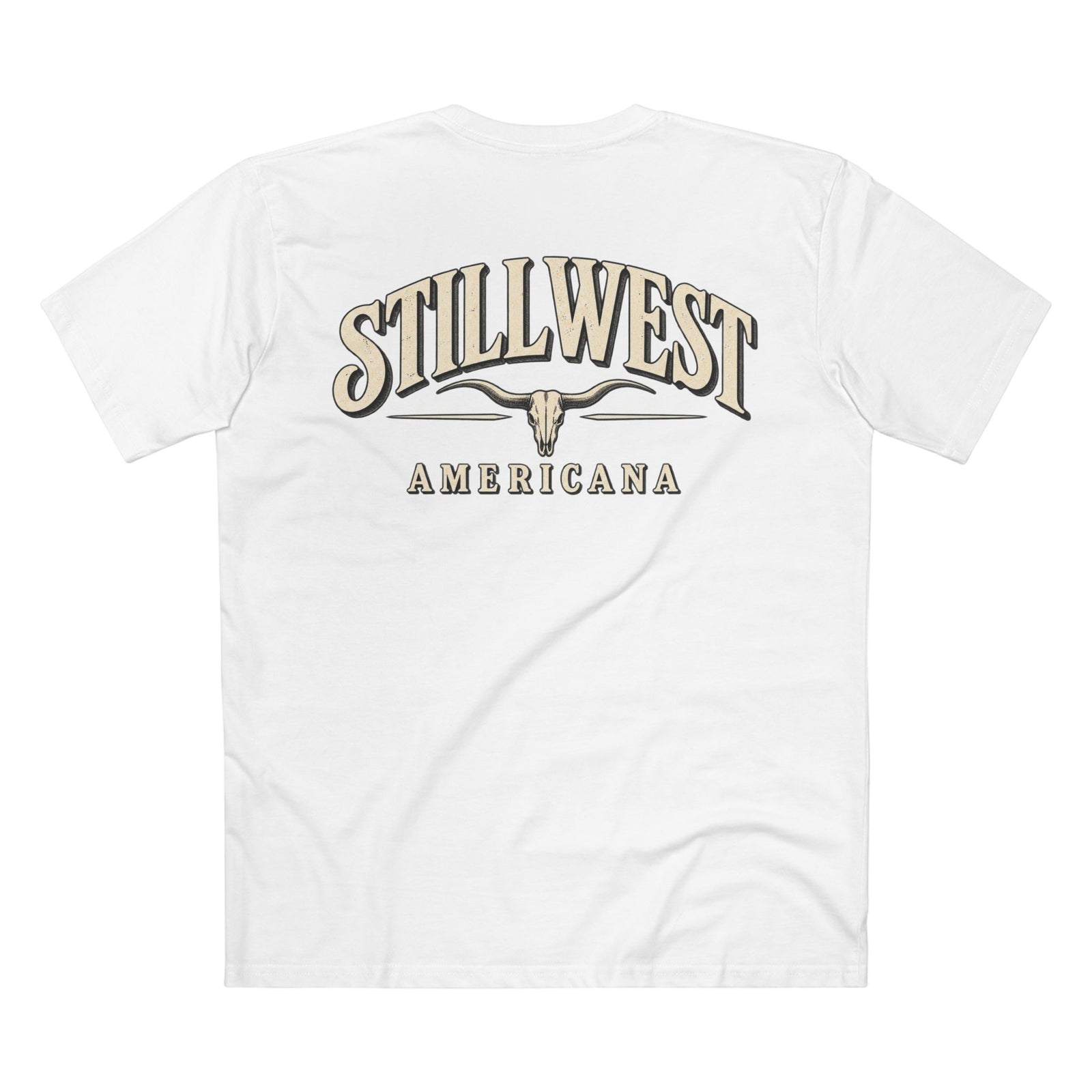 White short-sleeve t-shirt shown from the back, featuring a large graphic print with the words 'STILLWEST AMERICANA' and a longhorn skull design in beige and dark brown tones.