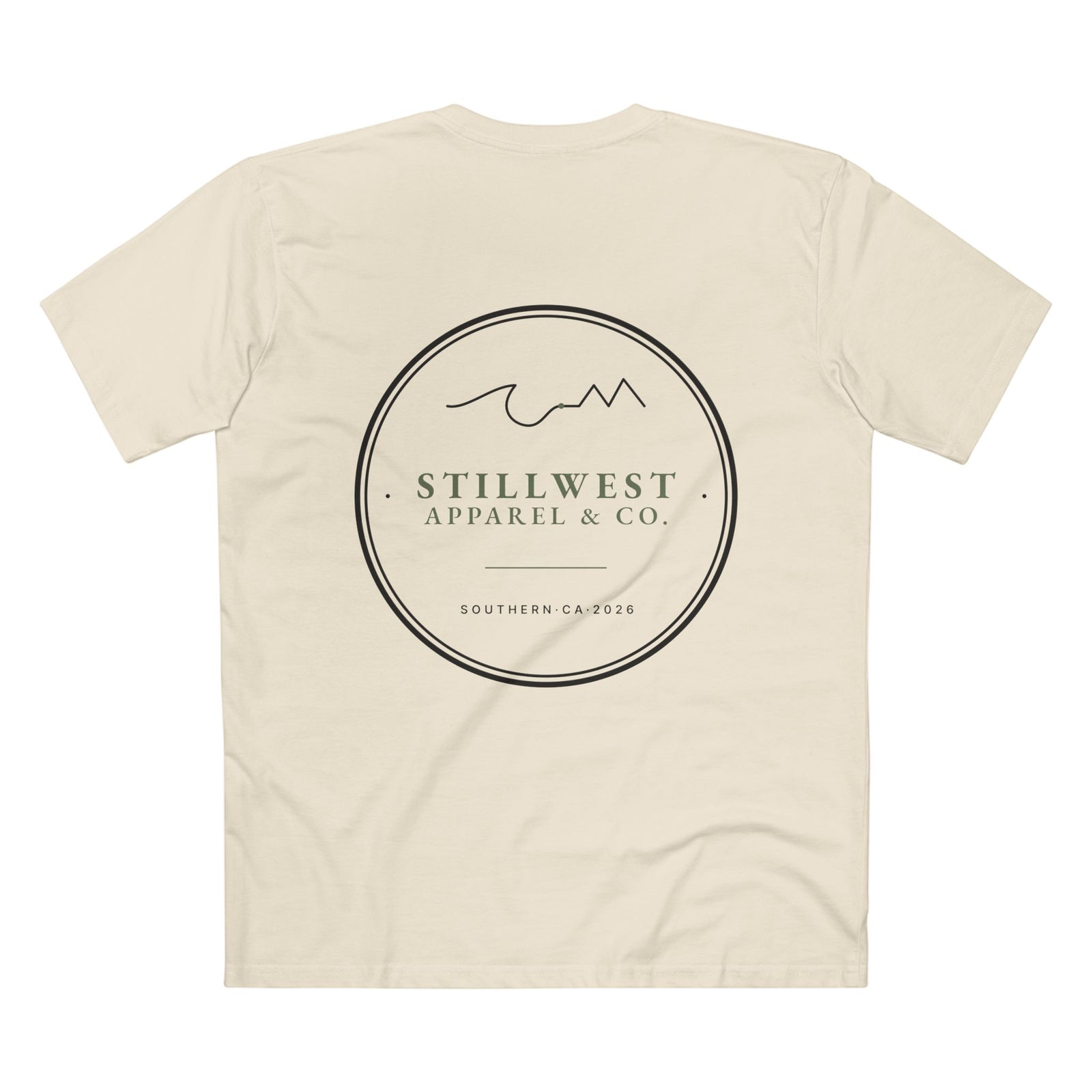 Beige t-shirt with 'Stillwest Apparel & Co.' logo on a white background