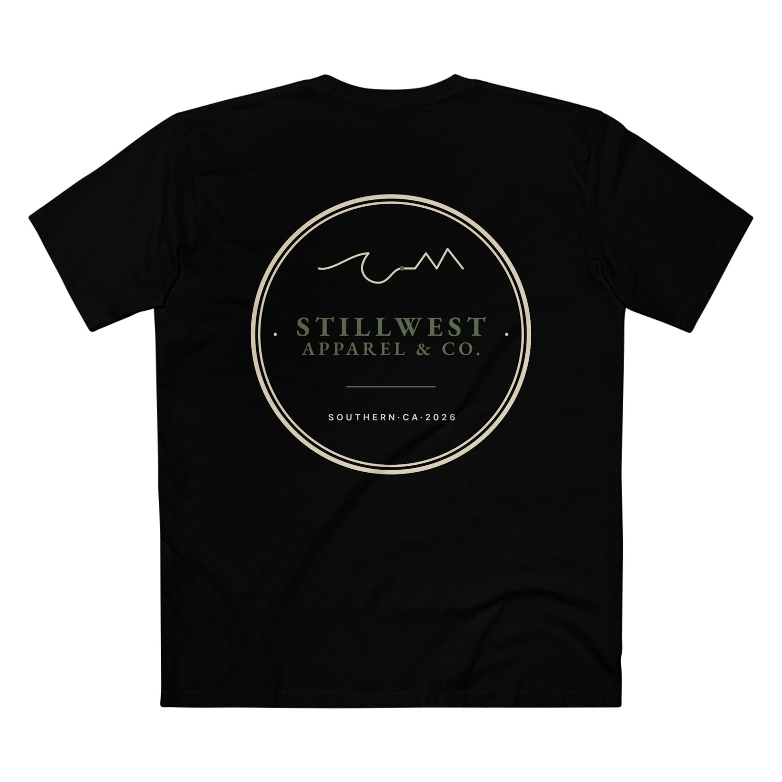 Black t-shirt with 'Stillwest Apparel & Co.' logo on a white background